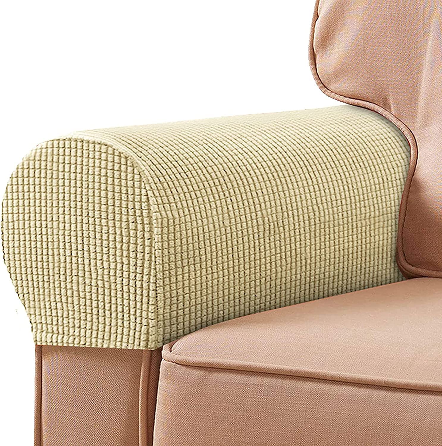 RANARA Armlehne Stuhlhussen Armlehnenbezüge Weiches Spandex Polyester Armkappen Rutschfester Möbelschutz Stretch Armlehne Bezug für Stuhl Sofa Couch, 2er Set, Braun (Farbe: Beige, Größe: 4 Stück)
