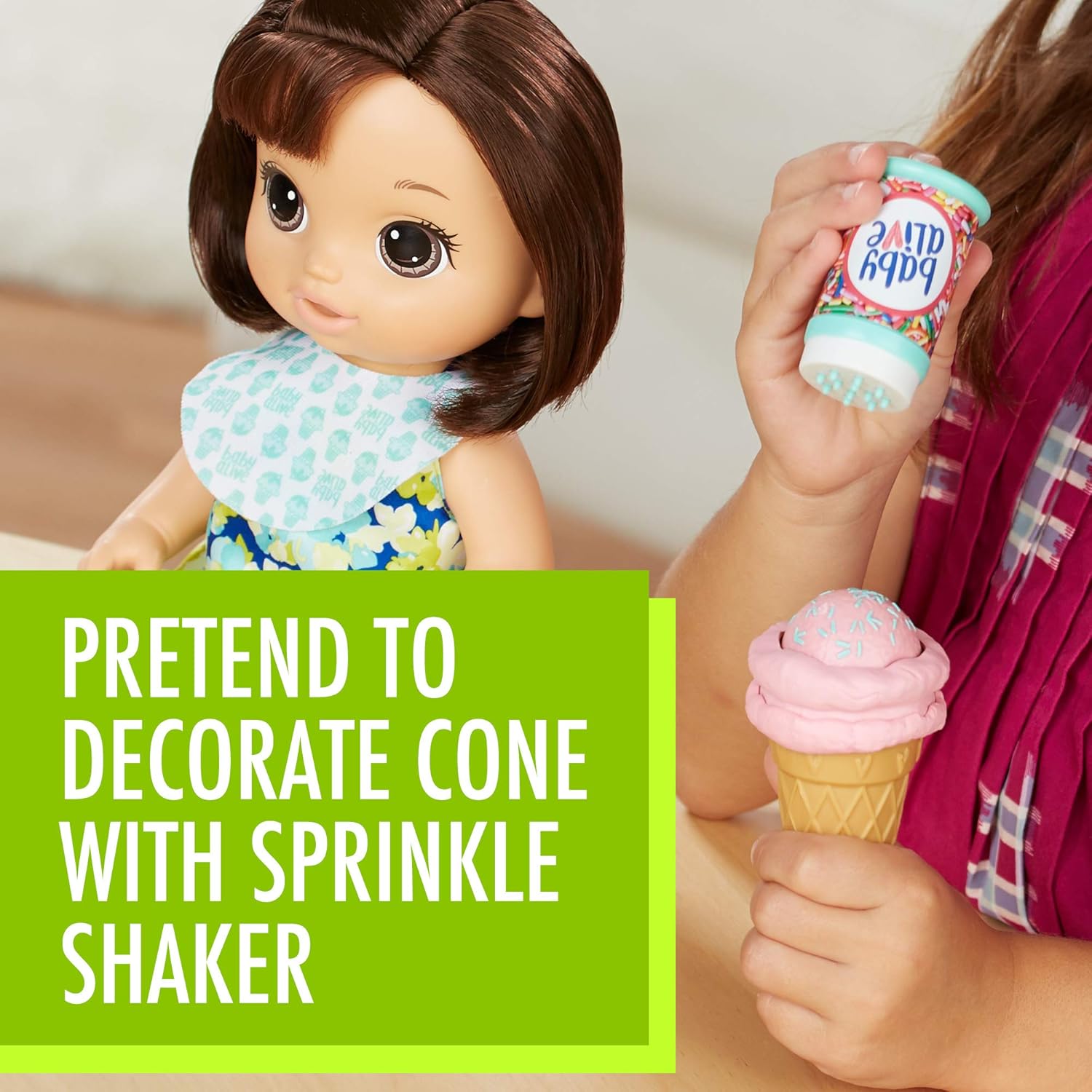 Baby Alive C1089 Magical Scoops Baby: Brunette Baby Doll with Dress and Accessories: Ice Cream Cone, Scooper, Comb and More, Perfect Toy for 3-Year-Old Girls and Boys and Up, Small
