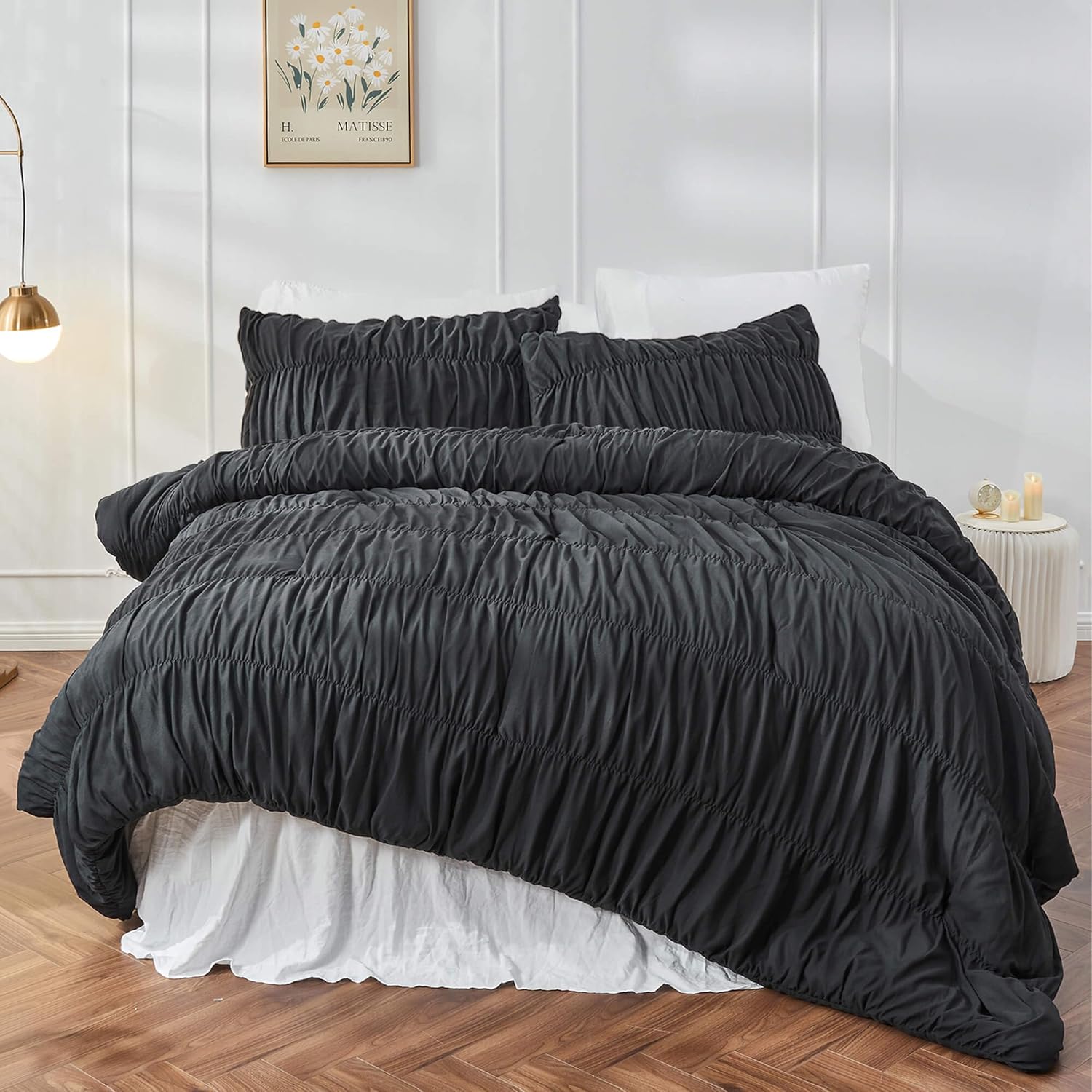 Queen Comforter Set Black Bedding - Ruched Comforter Queen Size Bed Set Boho Shabby Chic Bedding for Bedroom Comforter Fluffy 3 Piece Ruffle Comforter Set with Pillow White Bedding Soft Black Queen
