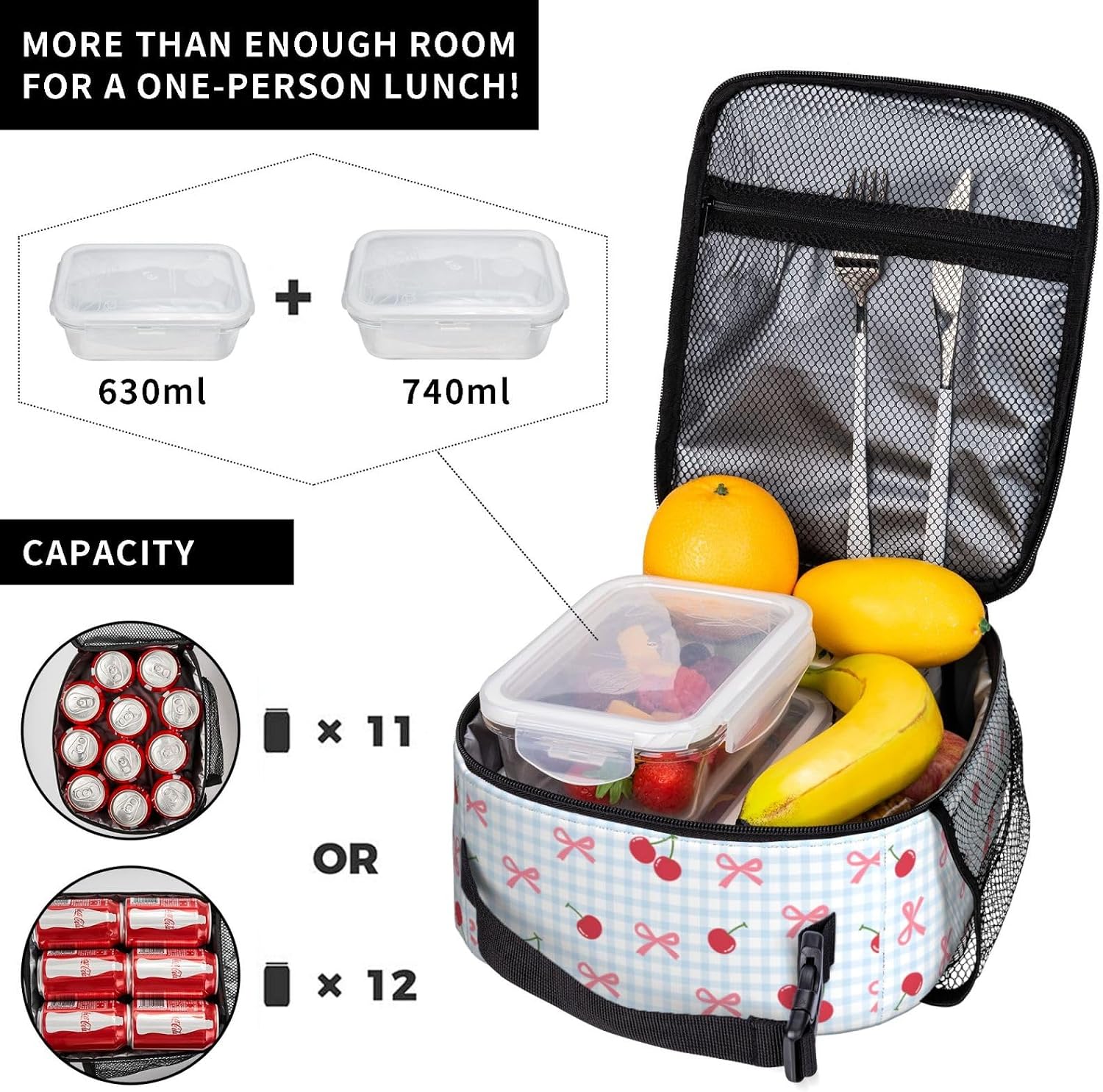 Blue Bow Cherry Cute Lunch Box Bag Insulated Lunch Bags for Women Reusable Portable Cooler Thermal Tote Lunchbox for Office Work Picnic Travel Camping image 4