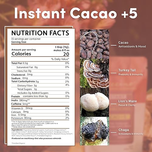 Miniatura 2 de Miraculous Mushrooms Cacao Instantáneo+5 Alternativa de Café por Teeccino  15 porciones - 5 Hongos Adaptogénicos Orgánicos con Cacao - Reishi,