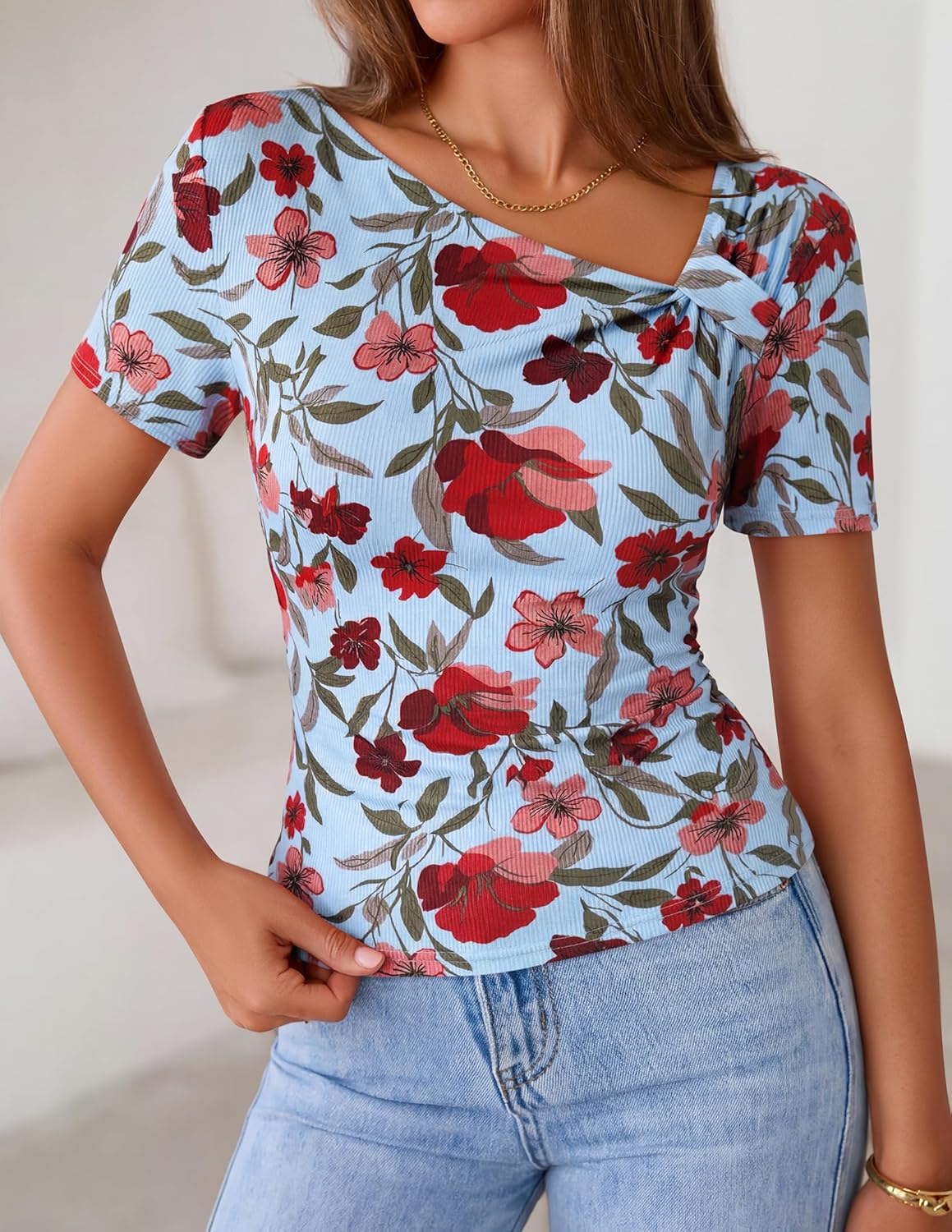 ZESICA Women’s Spring Asymmetrical Short Sleeve Tops 2026 Summer Ruched Fitted Going Out Shirts Fashion Vacation Clothes - Image 2