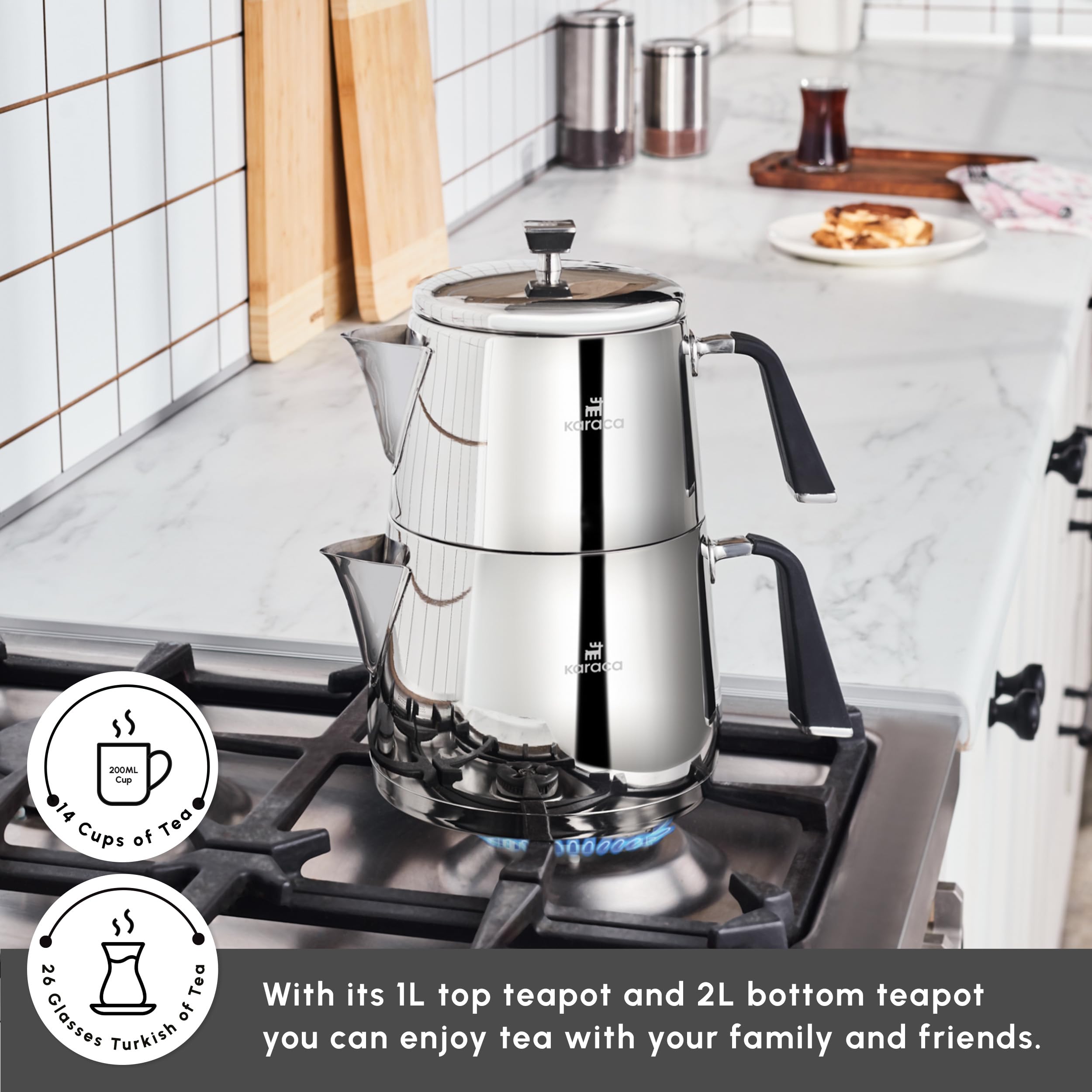 Karaca Fiona Schwarzes Türkisches Teekannen-Set, Induktionsgeeignet, 1L Teekanne & 2L Teekessel aus Edelstahl, Spülmaschinenfest, Türkische Teekanne, Teekocher, Tea Maker, Caydanlik, Demlik