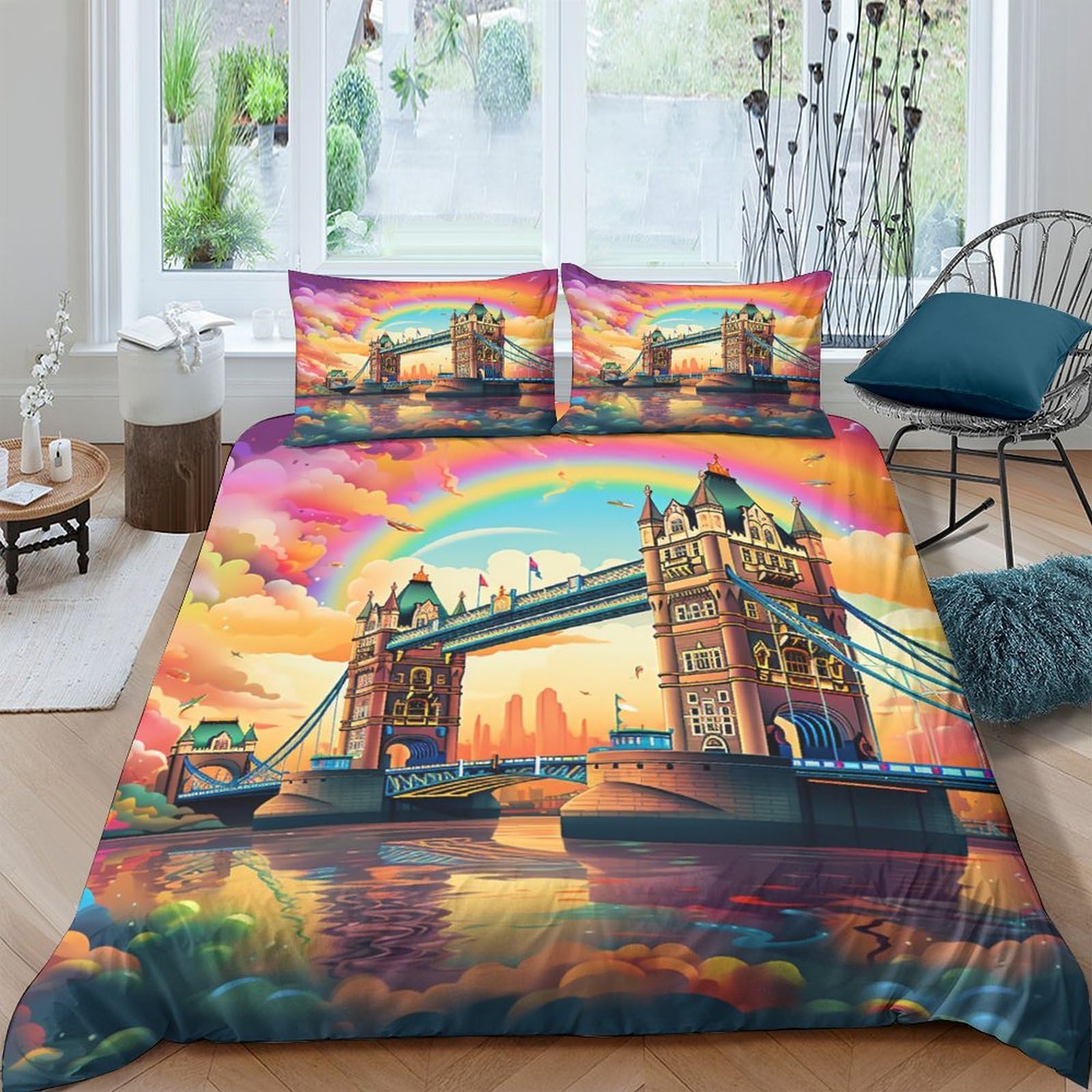 Housse de couette imprimé 3D Pont de Londres en microfibre de qualité supérieure King