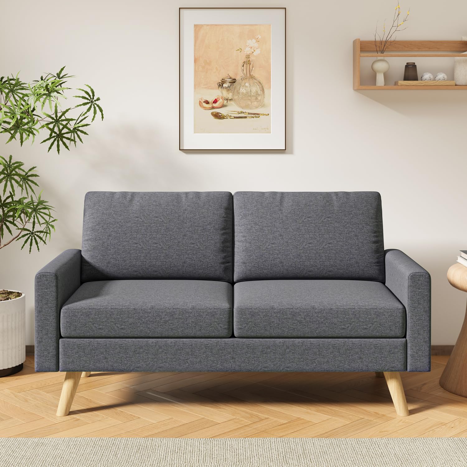 Sofá de 2 Plazas Tapizado, Sofá Compacto Moderno, Patas Madera,Gris oscuro | Cojines Gruesos y Brazos Ergonómicos, patas Madera Antideslizantes, Tela Resistente; para Salón, Apartamento y Dormitorio