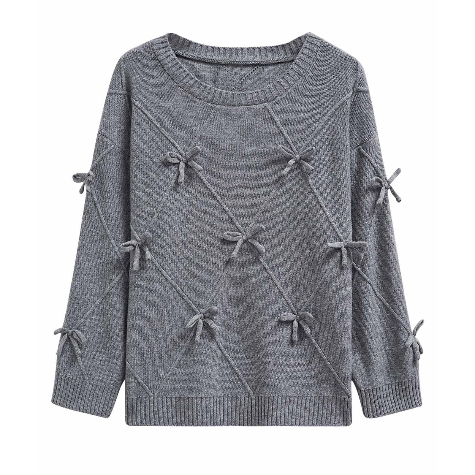 CHICWISH Women Diamond Pattern Knit Sweater Cute Bow-Decor Fall Winter Crewneck Long Sleeve Casual Knit Pullover Tops