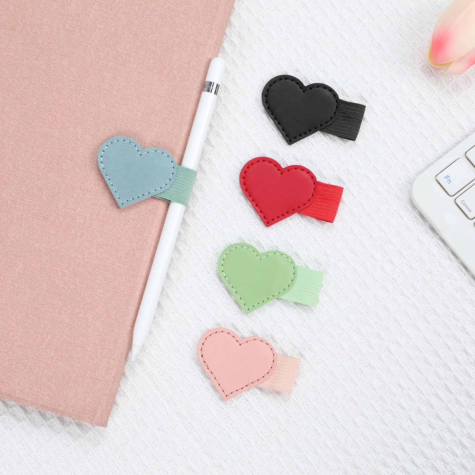 LIYAZHIL 5 PCS Pen Loop Holder,Heart Self-Adhesive Pencil Holder PU Leather Pencil Elastic Loop Designed for Notebooks, Journals, Calendars,Teacher