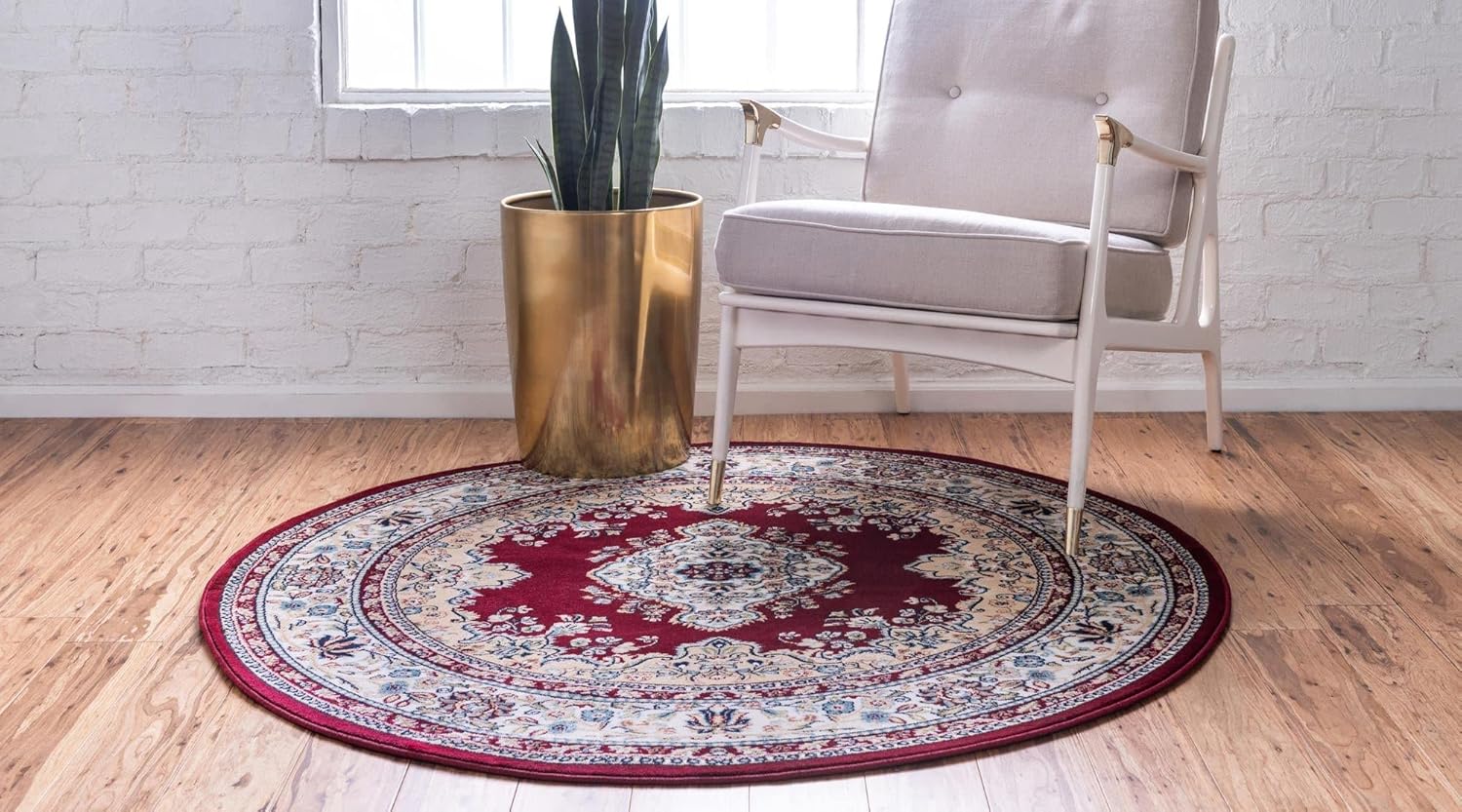 Rugs.com Rabia Collection Rug – 5' Round Burgundy Low Rug Perfect for Kitchens, Dining Rooms