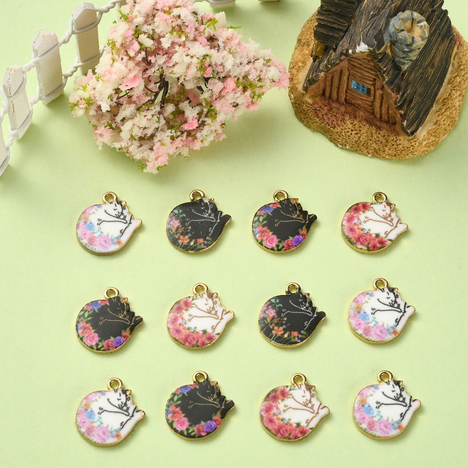Stiesy 40Pcs 4 Styles Enamel Black White Cat Charms Pendants Flower Printed Kitten Charms Cute Sleeping Cat Dangle Charms for DIY Crafts Bracelet Jewelry Making - Image 4