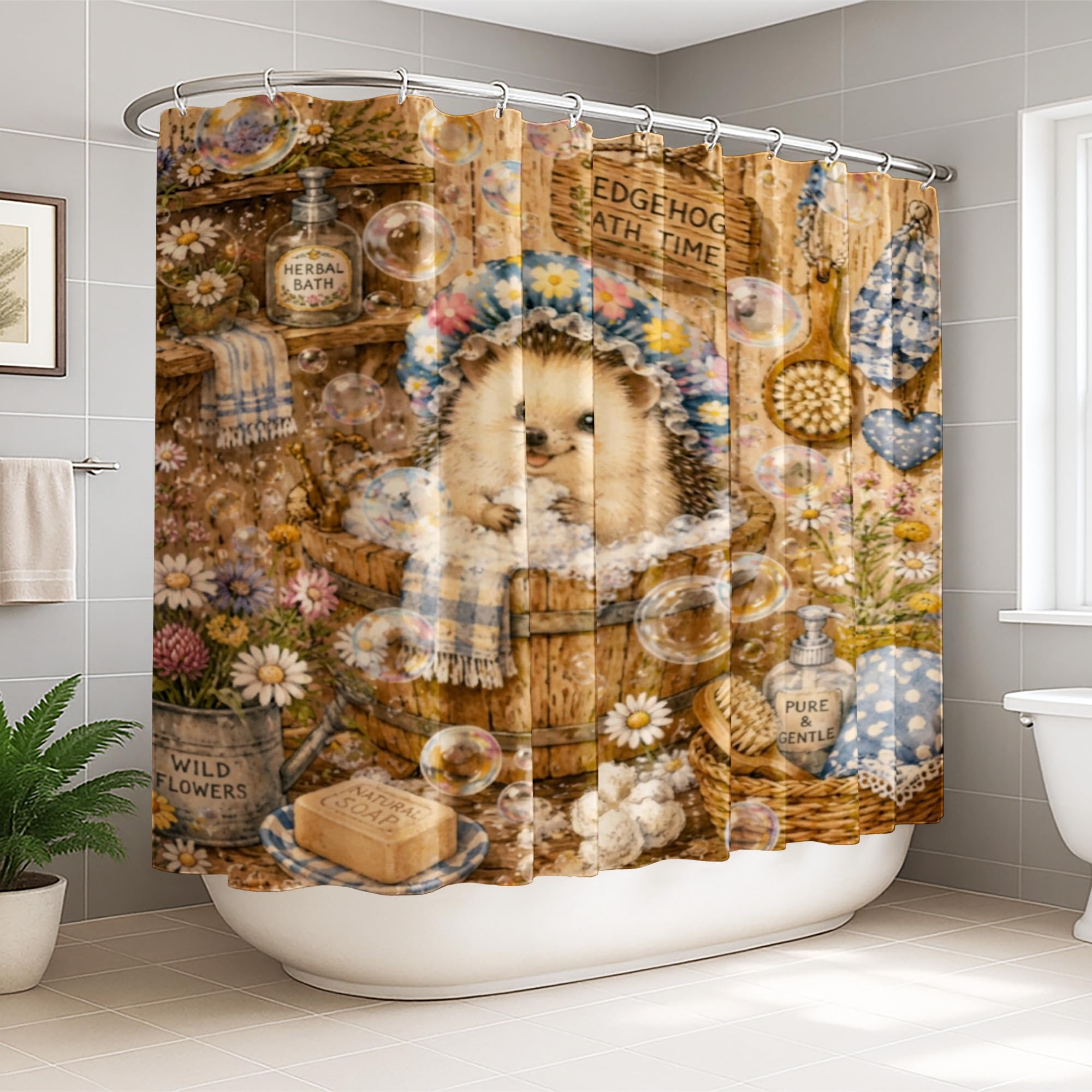 Rideau de douche fleurs fantaisistes rustiques avec crochets pour salle de bain