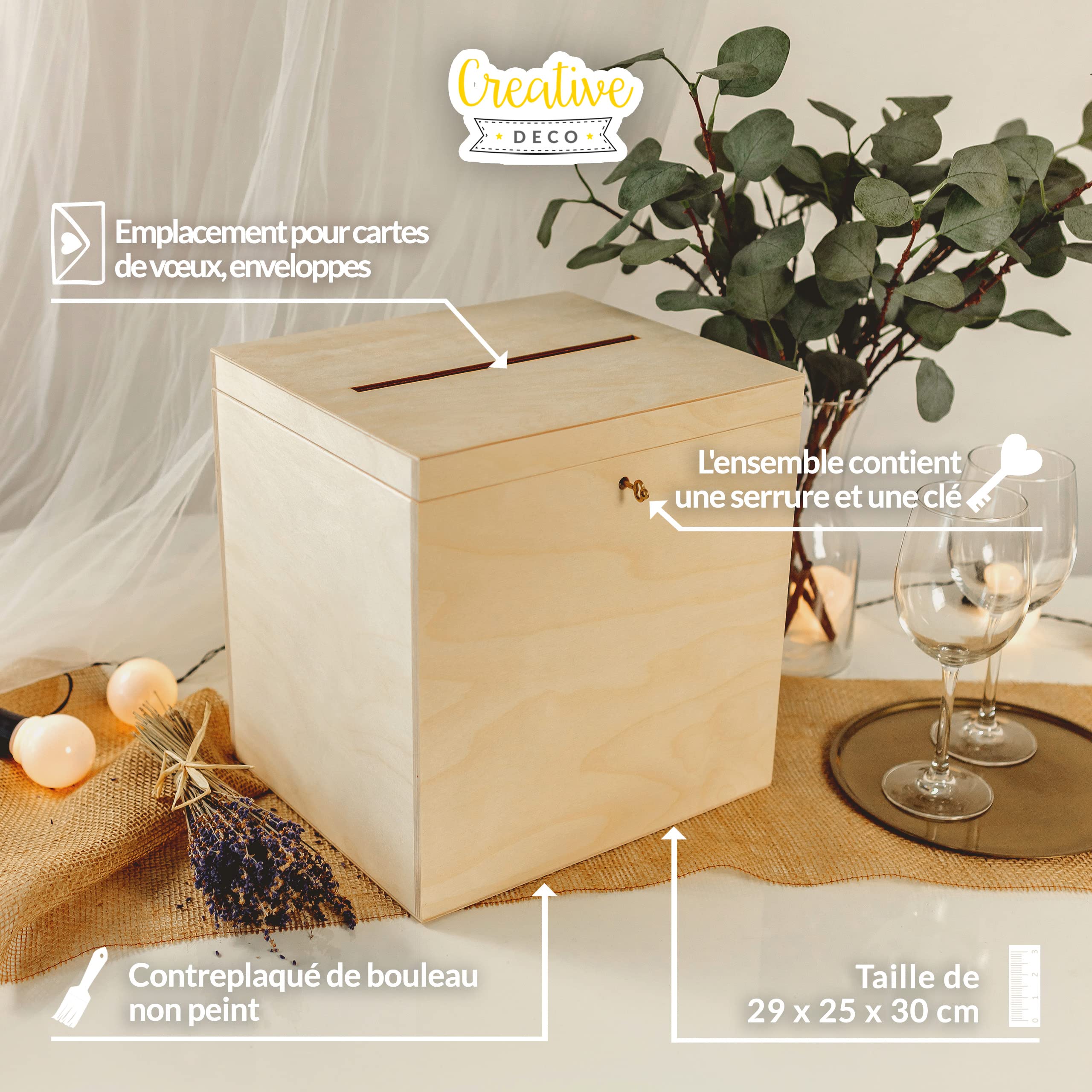 Creative Deco Boite en Bois pour Enveloppes | 29 x 25 x 30 cm | Bois Naturel | avec Couvercle et Clé | Boîte pour Occasions Spéciales | Urne Anniversaire | Mariage | Boite a Souvenirs, Cartes Lettre