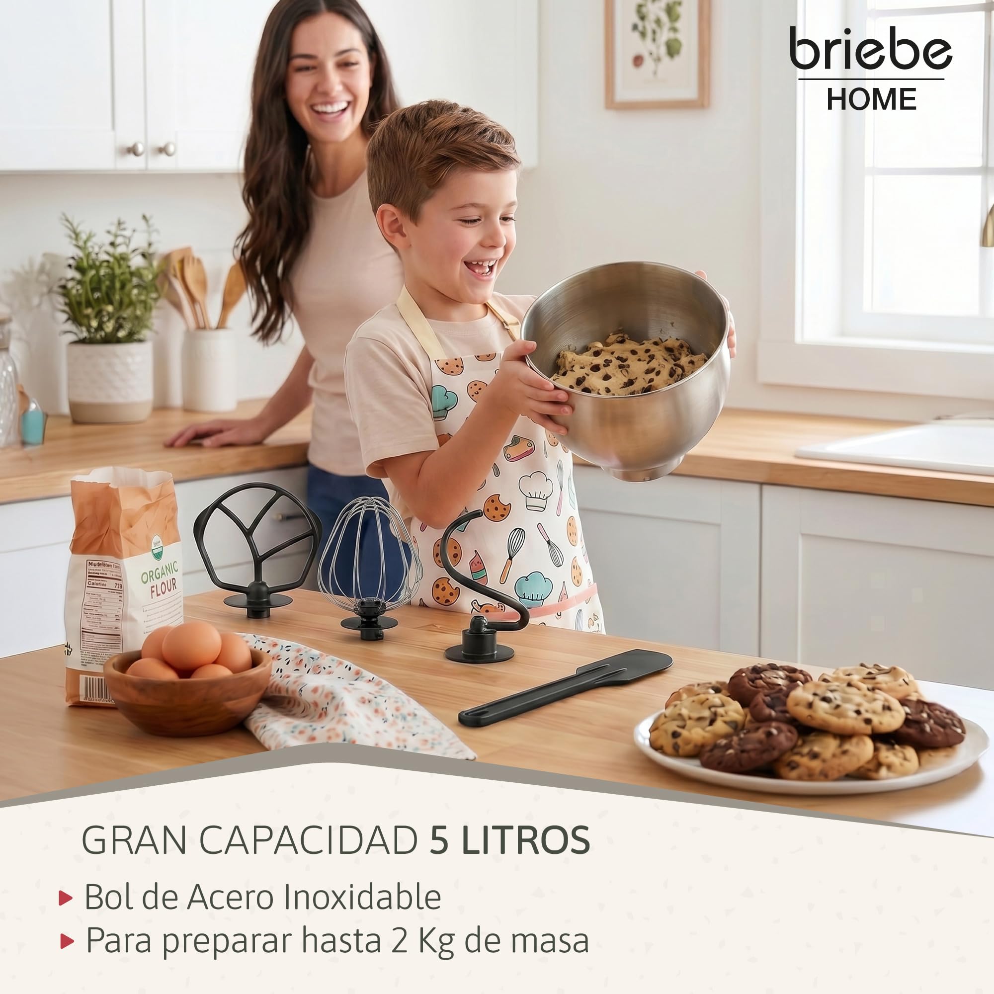 briebe Batidora Amasadora Repostería 1800W MAX, Robot Cocina Profesional, Movimiento Orbital, Varillas, Gancho Masa, Pala Mezcladora, 5 L, 6 Velocidades + Función Pulso, Inox KM1114