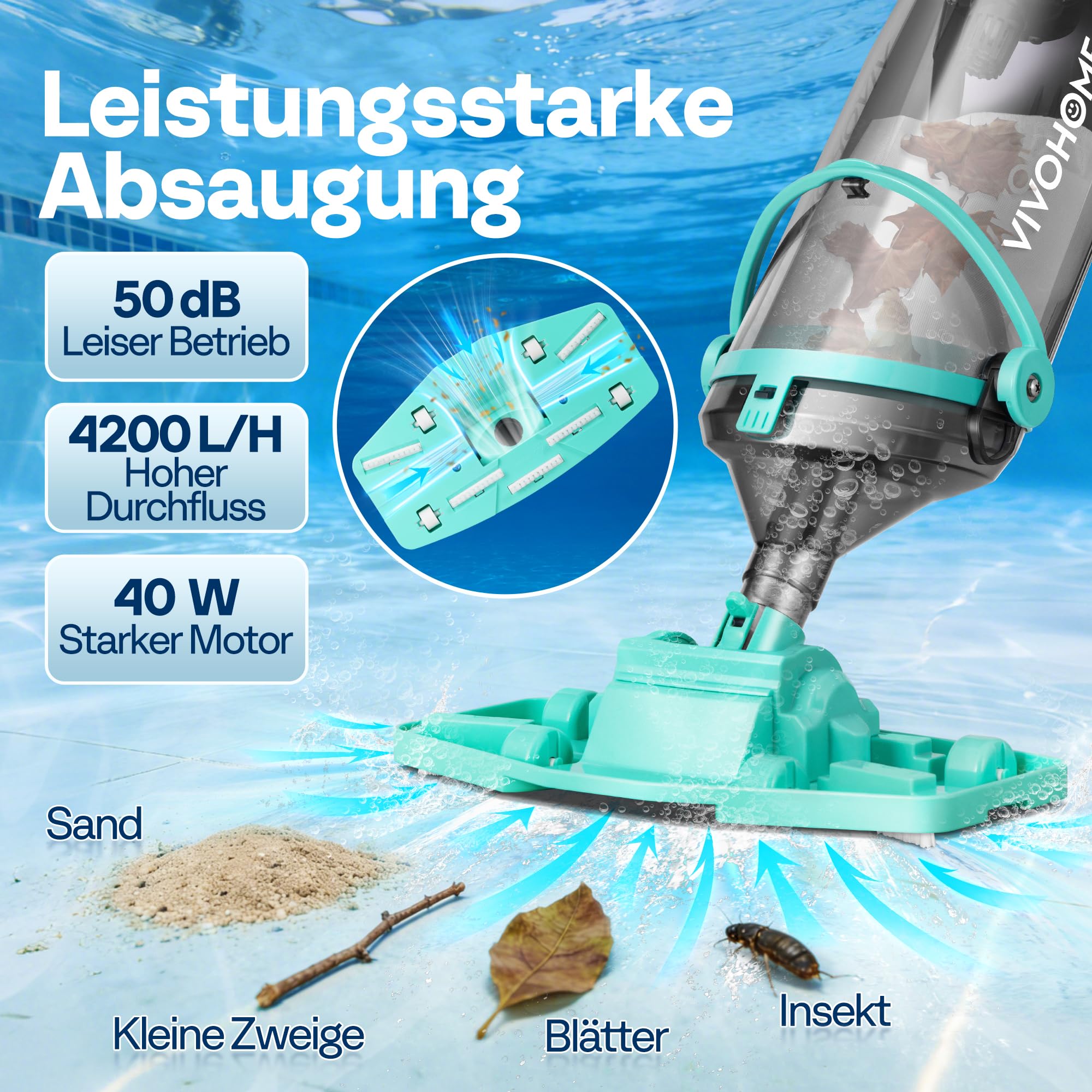 VIVOHOME 213cm Kabelloser Poolsauger Absaugung bis zu 70LPM tragbar Poolreiniger mit 4 Filterbeutel für Pool Whirlpools Schwimmbad und Spa