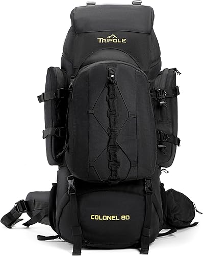 Tripole Colonel - Mochila de senderismo y senderismo con marco interno de 80 litros + paquete de día desmontable, cubierta para lluvia, color negro