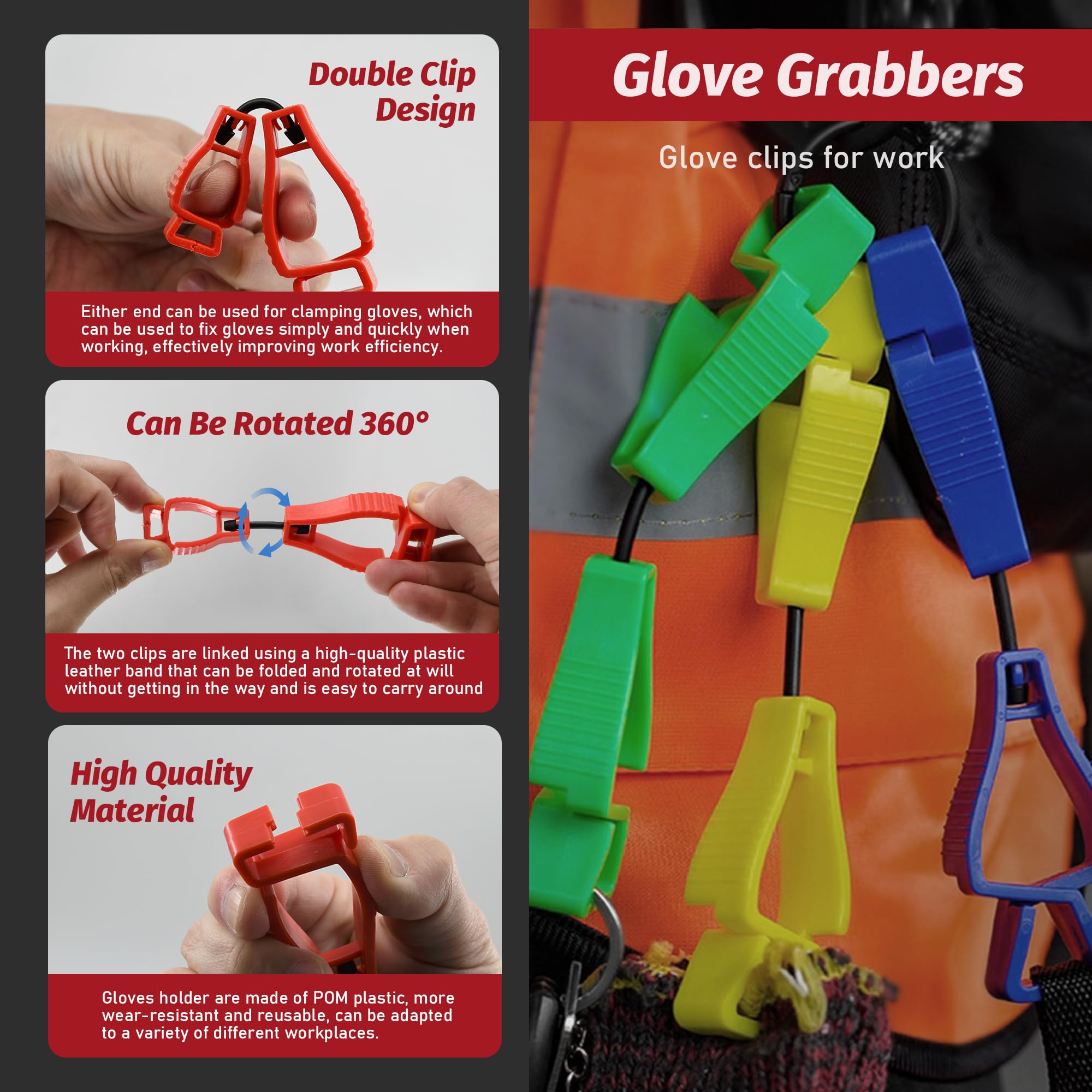 6 Stück Arbeitshandschuhclips, Sicherheitsclip für die Arbeit, Handschuhhalter, Haken für Sicherheitsgurt (schwarz)