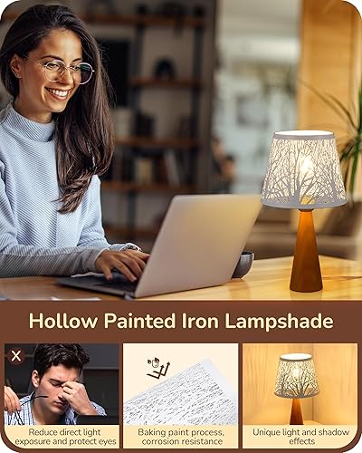 Miniatura 3 de EDISHINE Lámpara de mesa pequeña de 13.58 pulgadas, lámpara de noche de madera, pantalla de hierro hueco de árbol, lámpara de mesita de noche para
