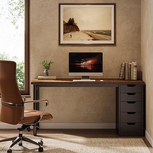 Miniatura 7 de Tribesigns Escritorio moderno y simple para computadora, escritorio de PC de 47 pulgadas con 5 cajones reversibles, mesa de estudio marrón rústico,