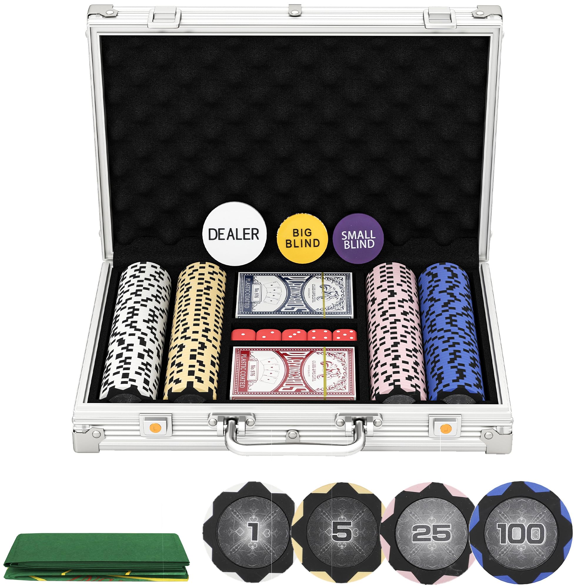 SPORTNOW set poker con serratura con valigetta 200 fiches carte 5 dadi mazzi di carte con bottone, set completo poker giochi di carte valigetta in alluminio per Texas Hold'em, Blackjack