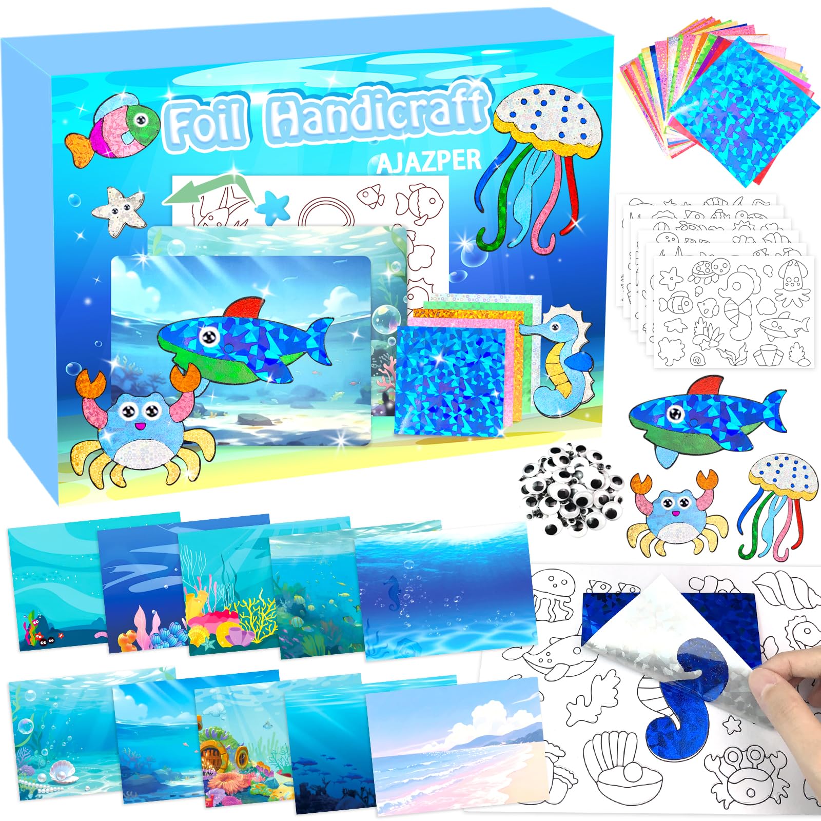 AJAZPER Foil Handicraft Kids, Craft Kit Kids, DIY Creative Art Activity for Kids, Travel Set, Gifts for Boys Girl 4+ Years Christmas Birthday (Blue)