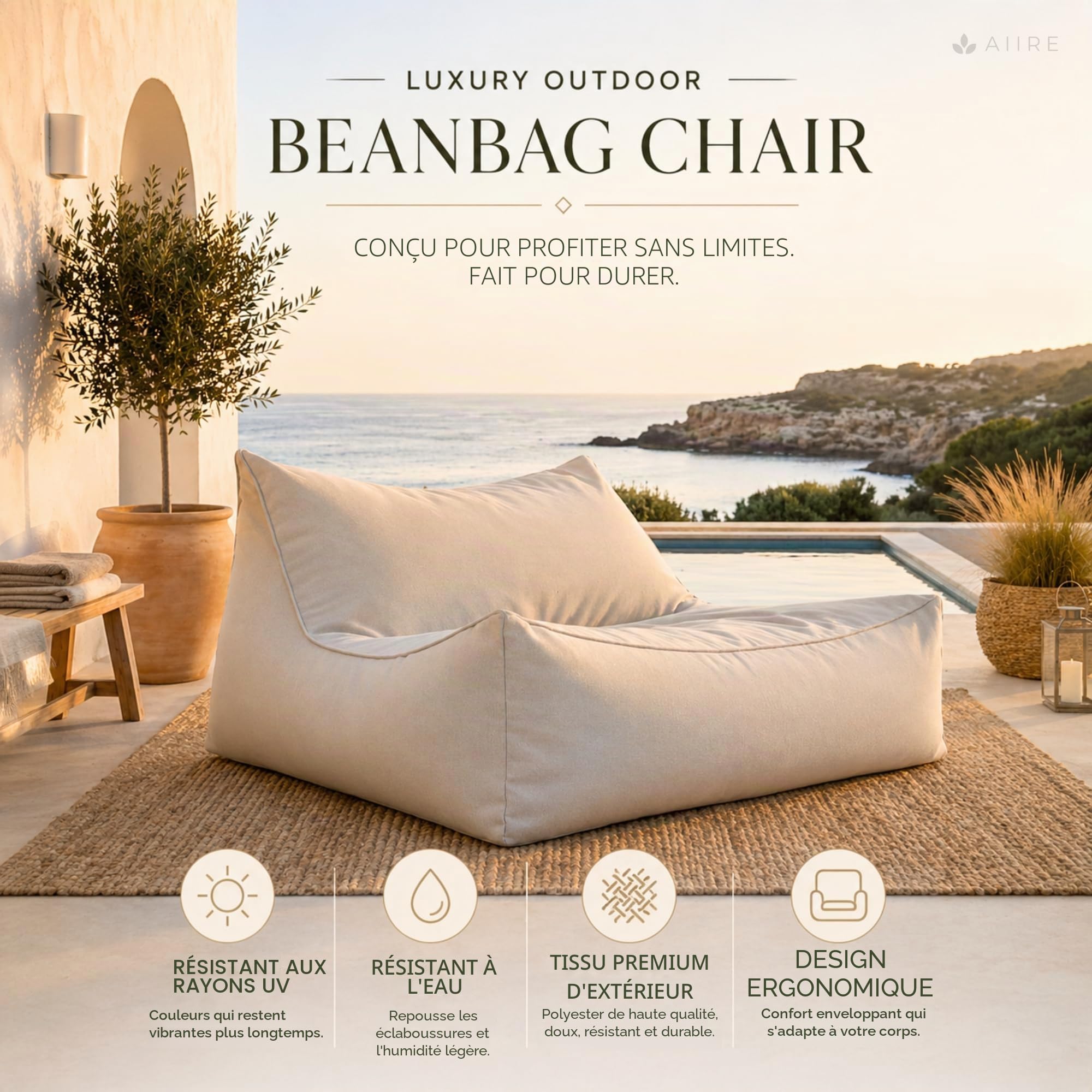 Aiire Pouf Exterieur Géant Moderne - Fauteuil Pouffe Salon XXL avec Remplissage pour Décoration Chambre et Jardin - Bean Bag Chair Adulte ou Ado - Coussin de Sol Beige