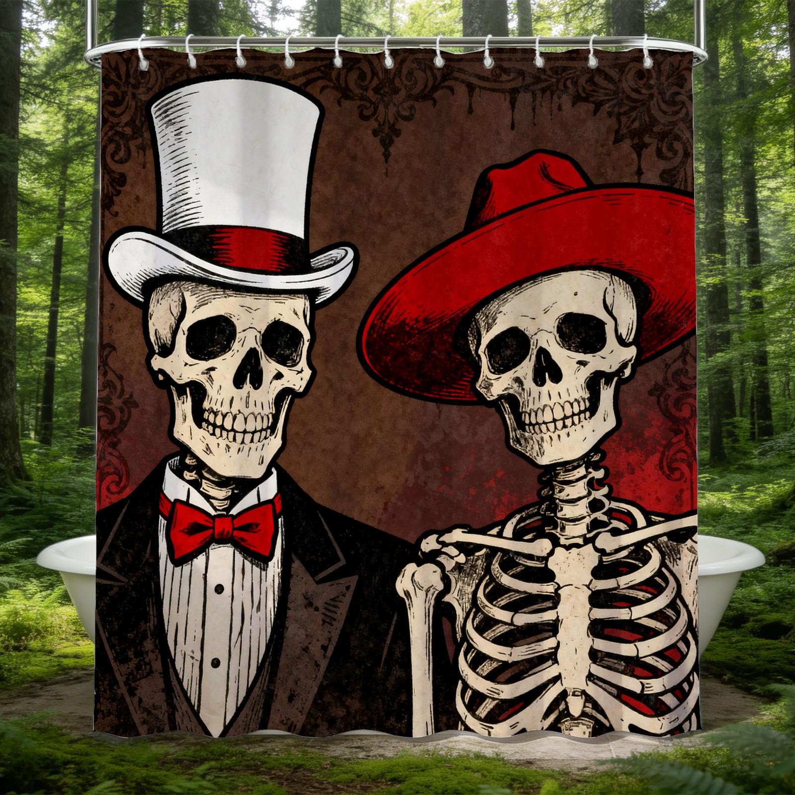 Hongduo 3D Skeleton Couple Shower Curtain for Stalls Bathtubs Shabby Chic Bathroom Decor Shower Curtain Set Polyester Fabric Waterproof 180x180cm/71X71 Inch with Hooks