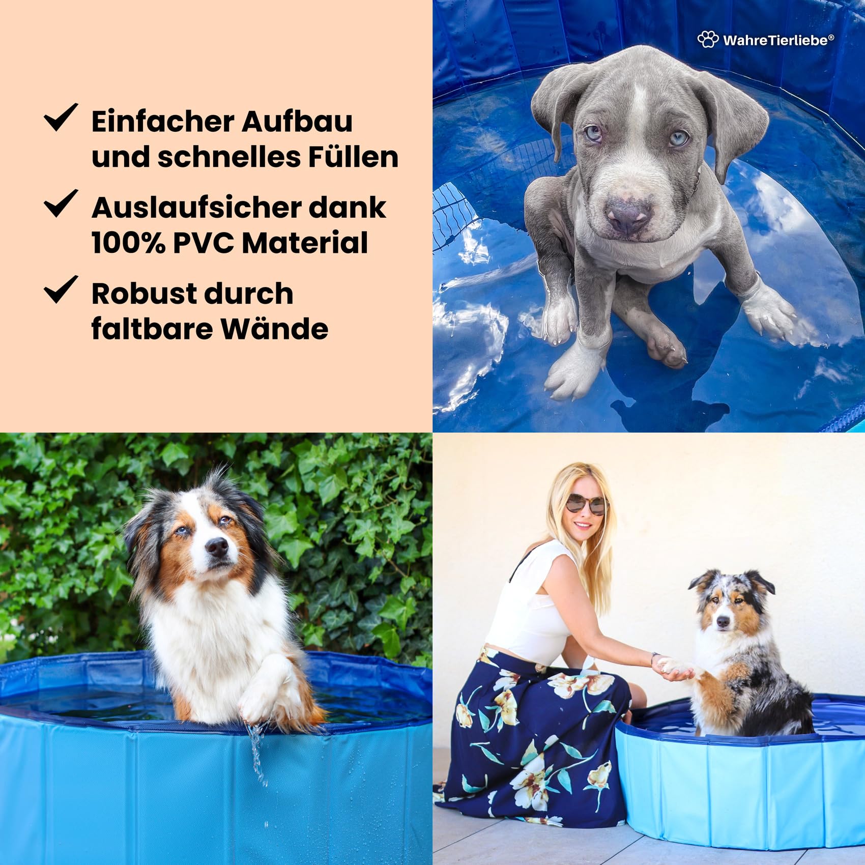 Wahre Tierliebe® Hundepool I Faltbar, ohne Pumpen I Planschbecken besonders Robust & rutschfest I Pool für Kinder, Hunde und Katzen I Hunde Pool