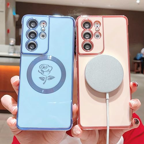 Miniatura 2 de XAYAH Funda ultra magnética para teléfono Samsung Galaxy S21 compatible con MagSafe, bonita funda de flor de rosa para mujer, cubierta de silicona
