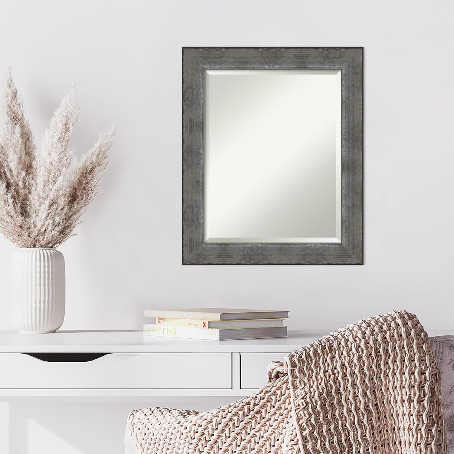 Amanti Art Silver Wall Mirror 24x20 Forged Pewter Rectangle Bathroom Mirror for Wall Decor Living Room, Small Casual Wood Frame, Hangs Horizonally and Vertically, Bathroom Decor, Beveled Edge