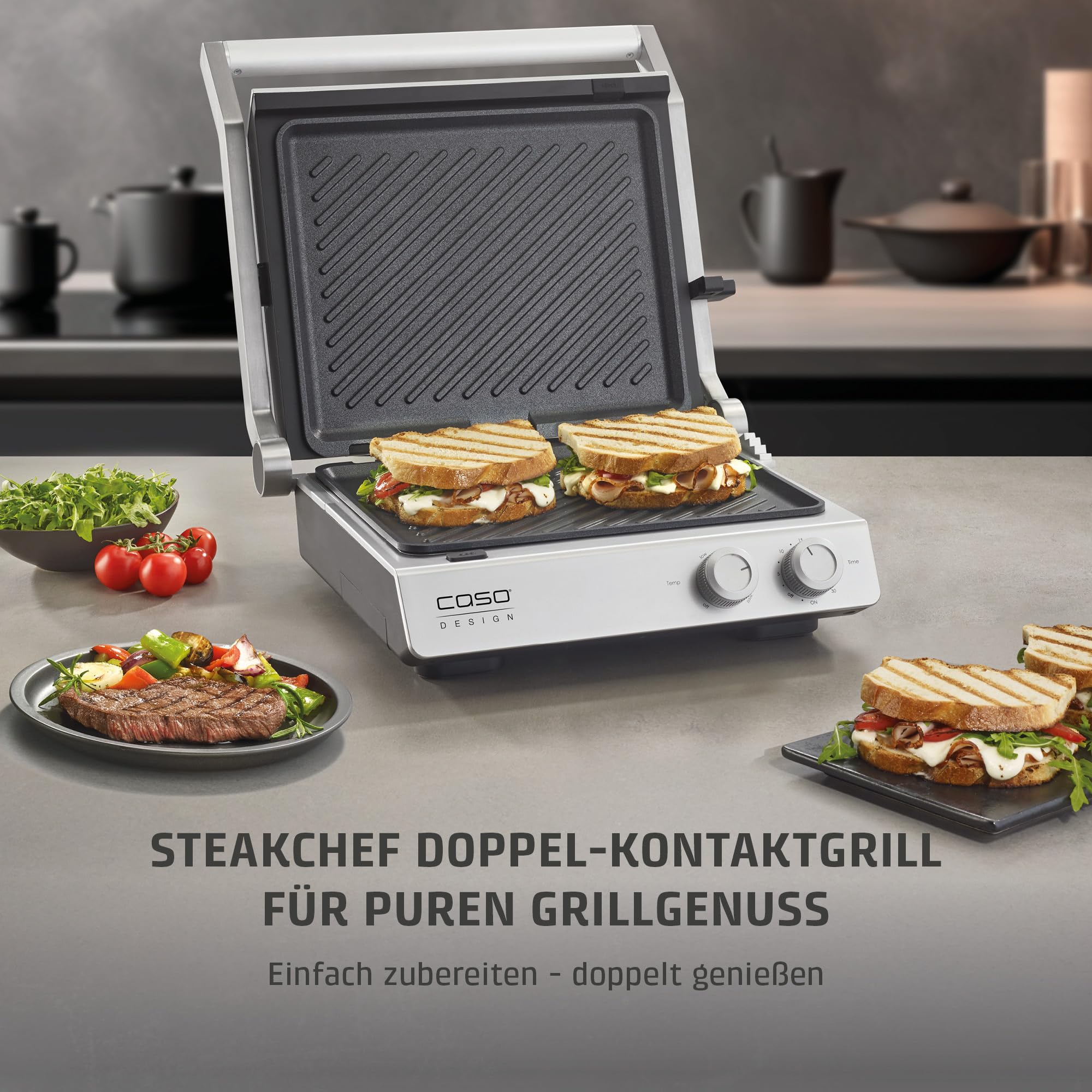 CASO SteakChef - Doppel-Kontaktgrill, Antihaftbeschichtung, 100-220°C | Testurteil sehr gut (ETM 04/2026), aufgeklappt als Tischgrill nutzbar, Steak, Sandwich, elektrischer Grill 2000 Watt