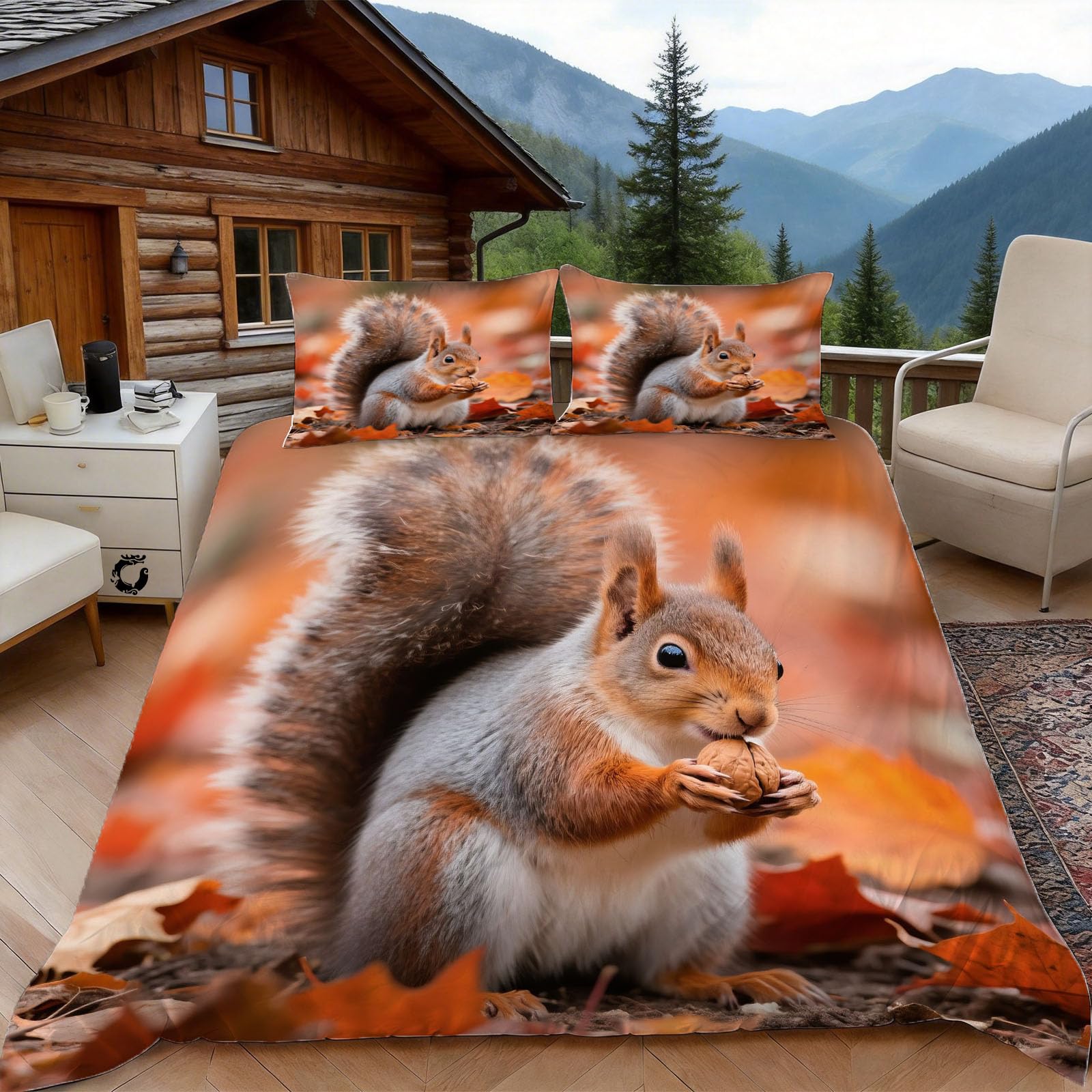 Housse de couette 240x260 écureuil roux parure de lit forêt 2 personnes microfibre avec zip