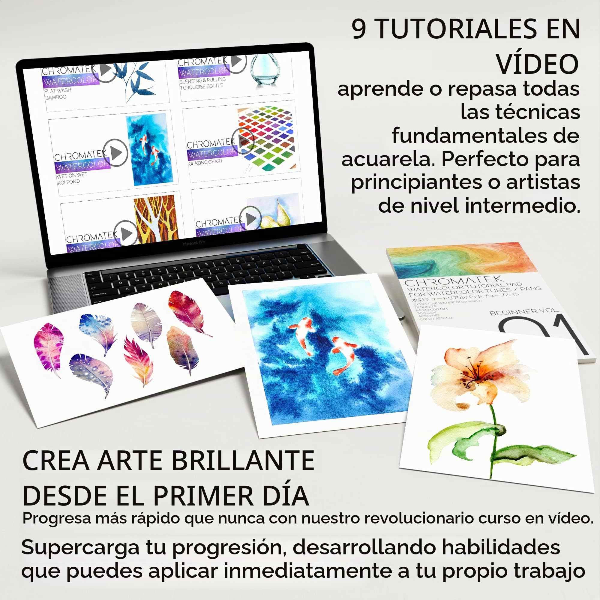 CHROMATEK Juego de pintura de acuarela | Kit de 62 piezas | Curso de video tutorial | Adultos, niños, artistas principiantes y profesionales | Papel, 8 pinceles, paleta, Aquapen, cinta adhesiva |