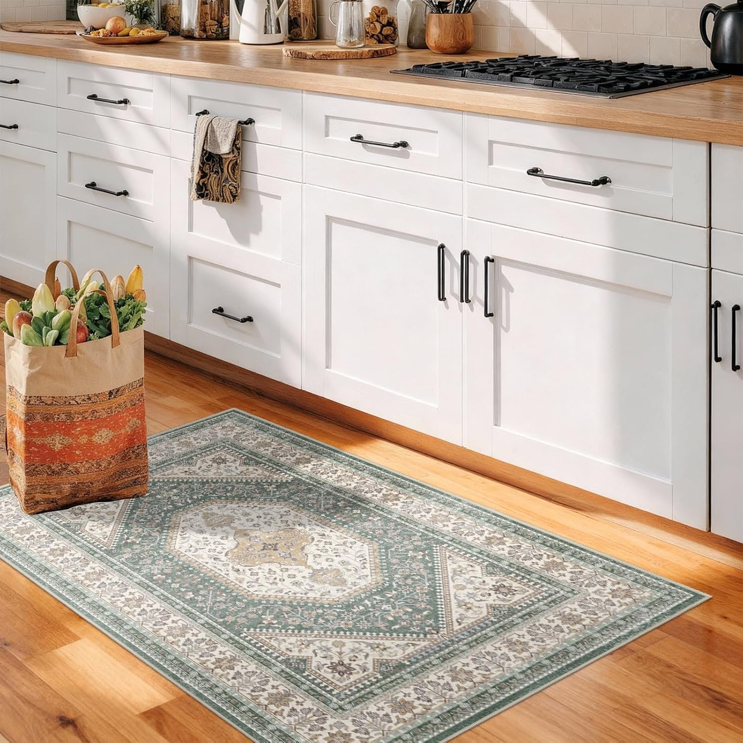 Washable 2x4 Runner Rug for Entryway: Non Slip Kitchen Rugs with Rubber Backing Soft Pet-Friendly Mats Stain Resistant Low Pile Carpet for Hallway Bedroom Bathroom Laundry Home Decor Green/Beige