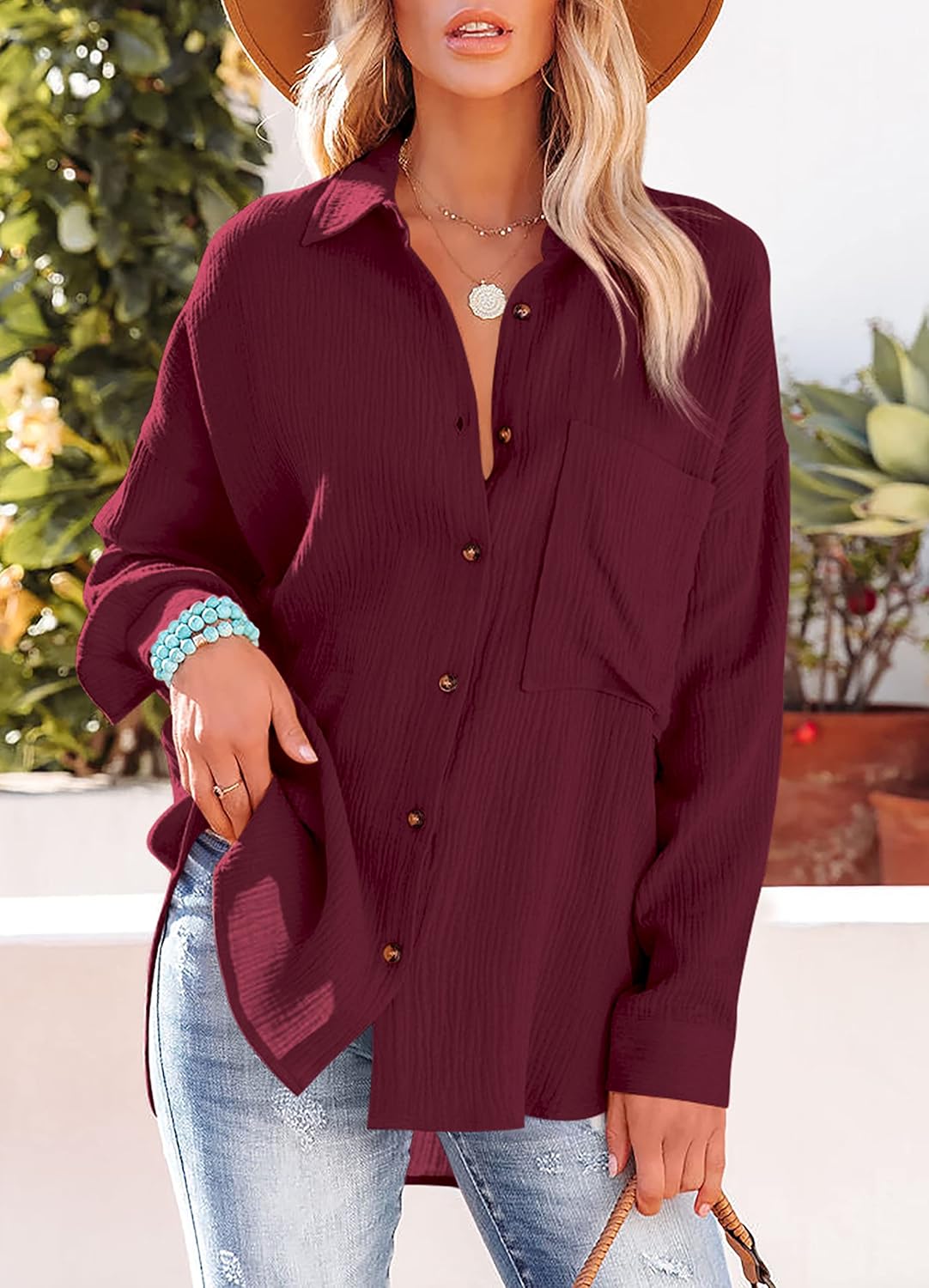 AISEW Womens Button Down Shirts Casual V Neck Long Sleeve Loose Fit Collared Plain Blouses Tops with Pocket - Image 3