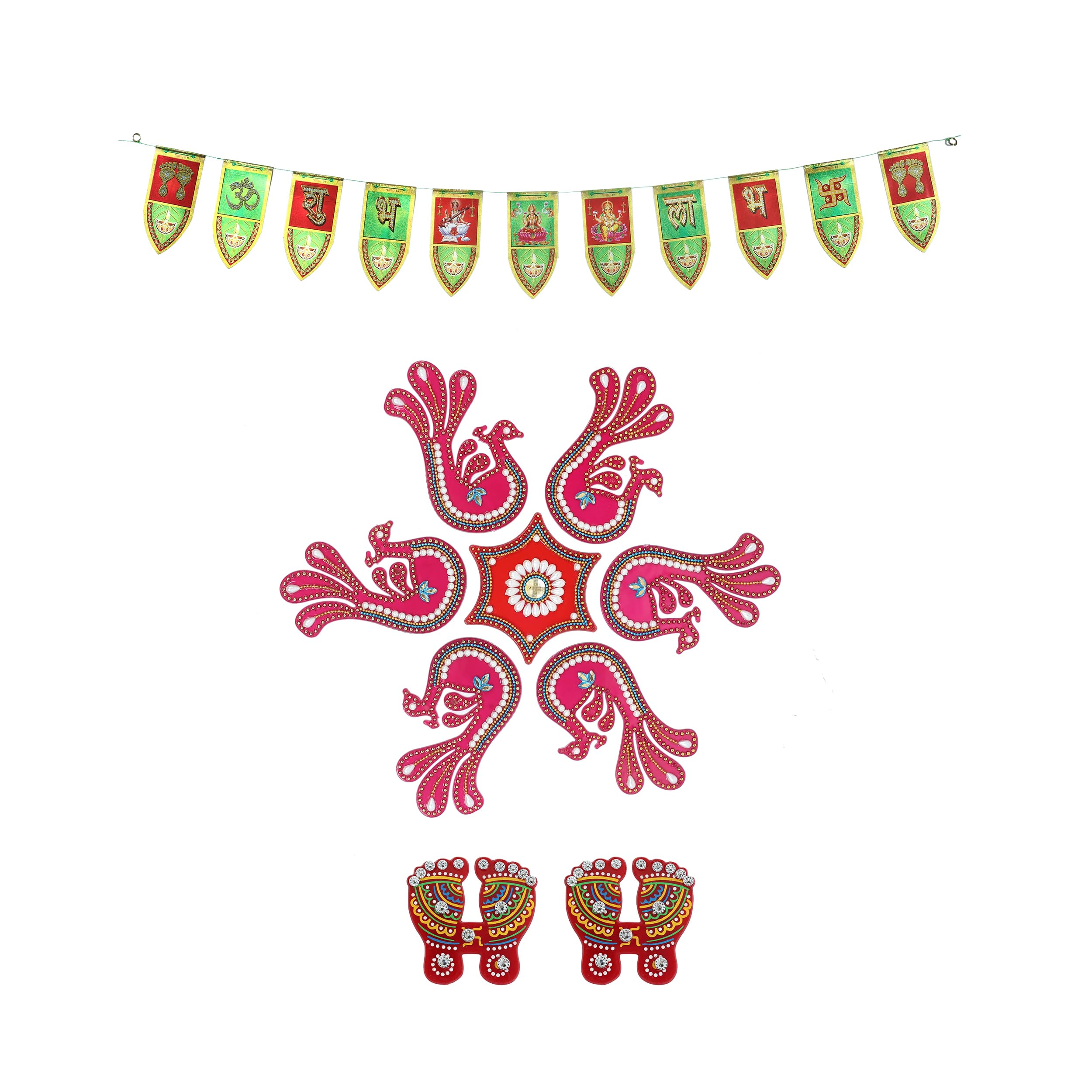 Diwali Ganesh Shubh Labh Acrylic Rangoli Set with Laxmi Charan Pagla Wall Hanging | Acrylic Peacock Design Shubha Labh & Laxmi Padhuka Footsteps for Home Office Temple Mandir Pooja
