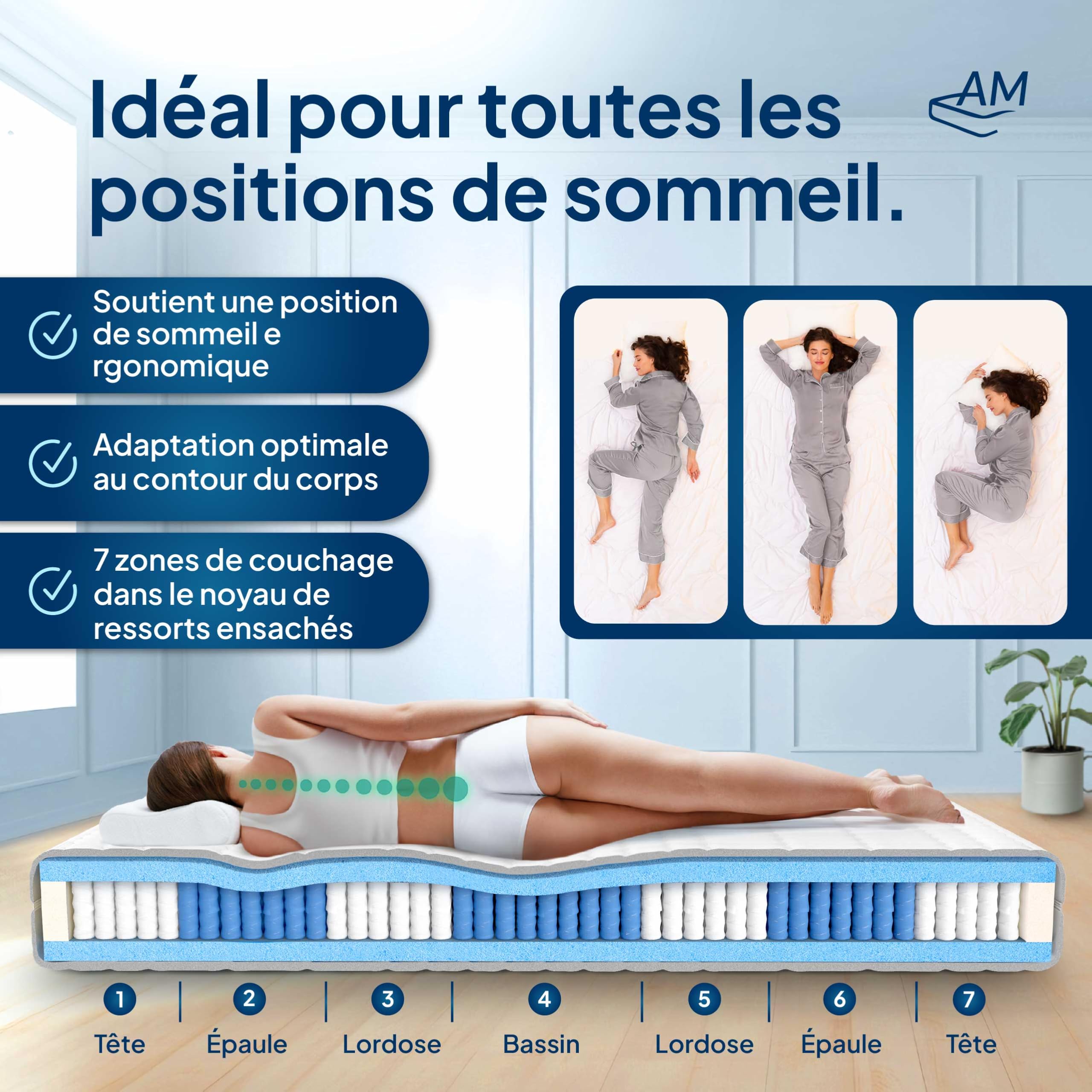 AM Qualitätsmatratzen AMQ Sleep Matelas 160x200 à Ressorts Ensachés - 1000 Ressorts, 7 Zones de Confort, Confort équilibré 24 cm - Fabriqué en Allemagne, Housse Lyocell Oeko-TEX - Matelas 2 Personnes