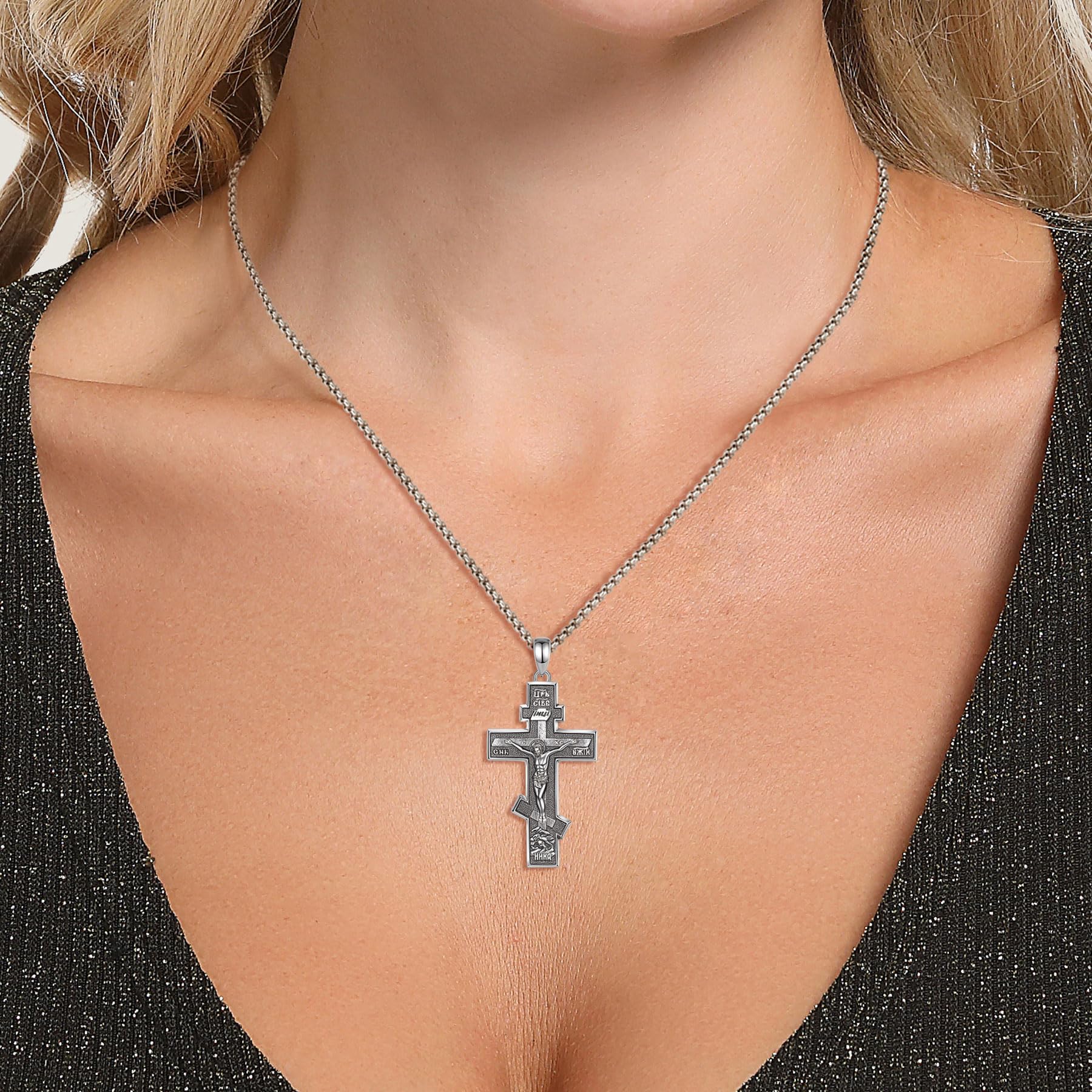925 Srebro Sterling Ortodoksyjny naszyjnik z krzyżem dla kobiet mężczyzn, grzbiet krzyż Jezus krzyż naszyjniki religia ochrona biżuterii amulet dla męża taty, 22 + 2", Srebro