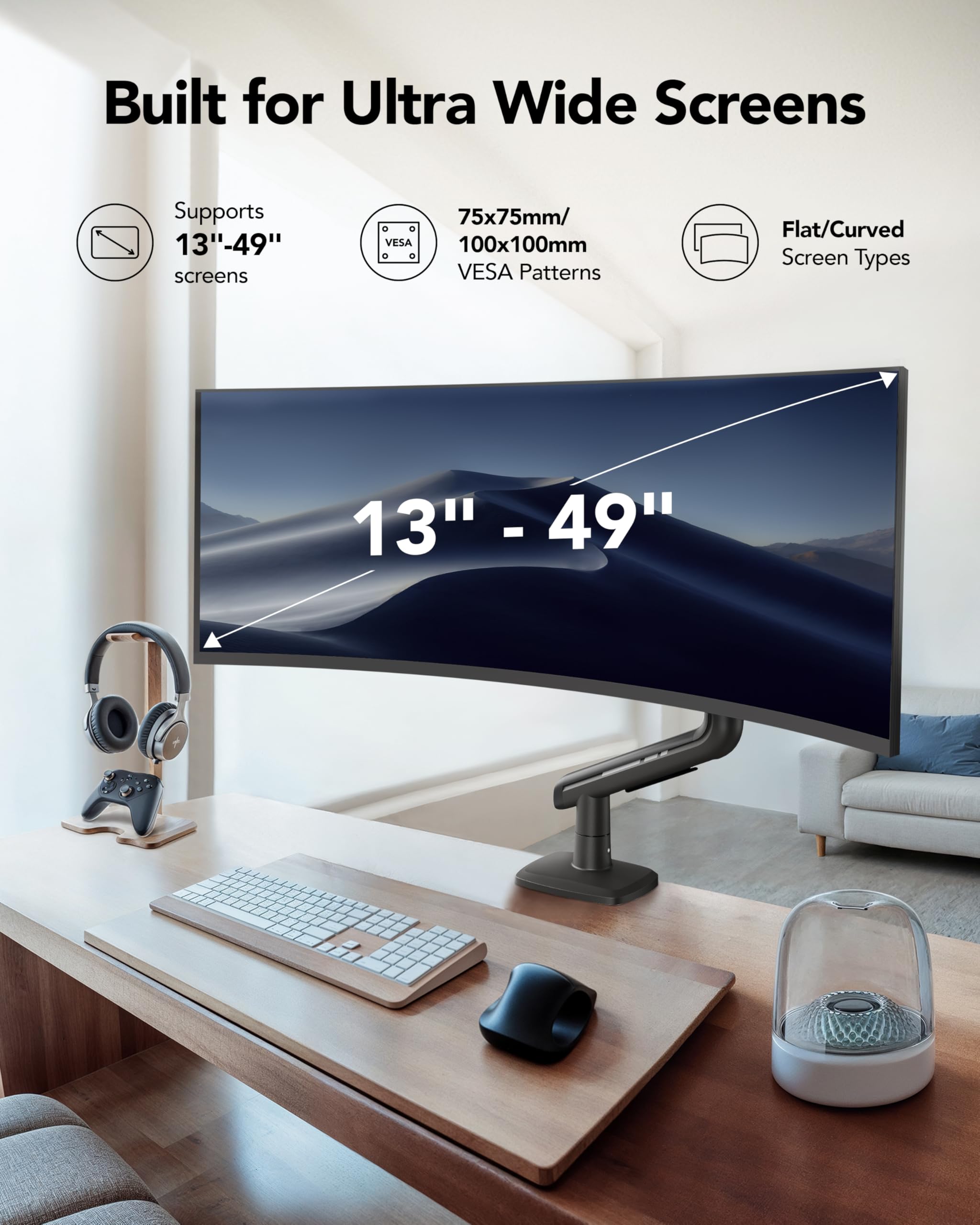 HUANUO Wysokowytrzymałe ramię monitora do ekranów ultaszerokich do 49 cali, nośność 18 kg, w pełni regulowane, uchwyt C/podstawa z przelotką, VESA 75/100