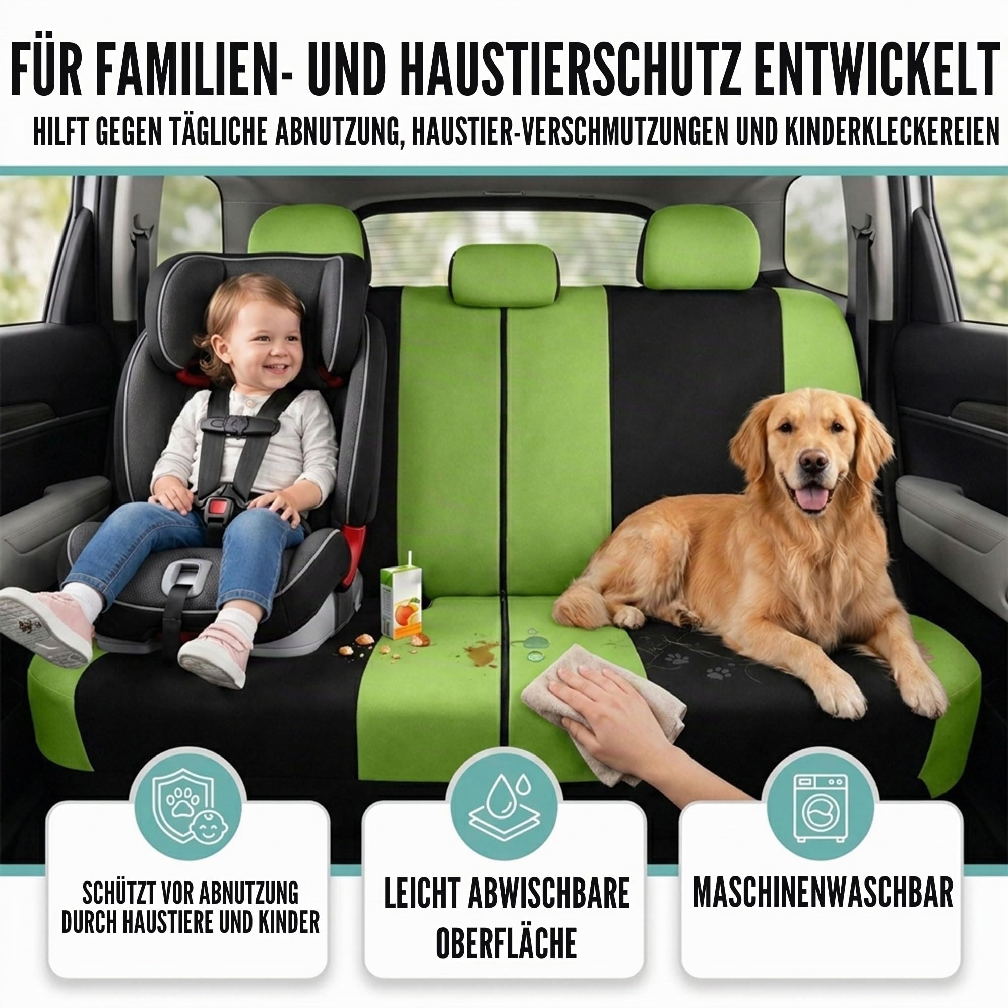FH GROUP FB030GREEN-COMBO Autositzbezüge, universelle Passform, Kombi-Set mit Lenkradbezug und Sicherheitsgurtpolster, für die meisten Pkw, SUV, LKW, Airbag-kompatibel, Geteilte Rückbank, Grün