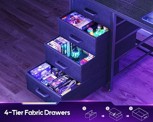 Miniatura 4 de AODK Escritorio para juegos en forma de L con 4 cajones, escritorio reversible para computadora de 59 pulgadas con gabinete y estantes, escritorio