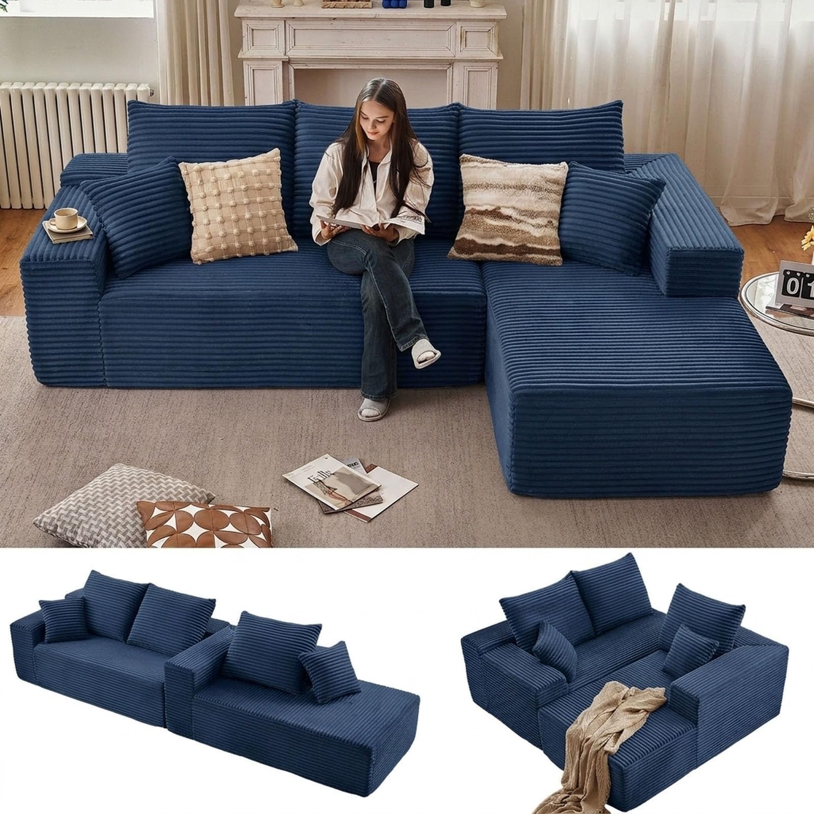 Sectional Couches for Living Room Cloud Couch Sofa with L-Shape Couch in a Box Upholstered Boneless Couchs Modern Modular Sectional Couch with Chaise (Blue,B-3 Seater-Right-Facing Chaise-96 inch)