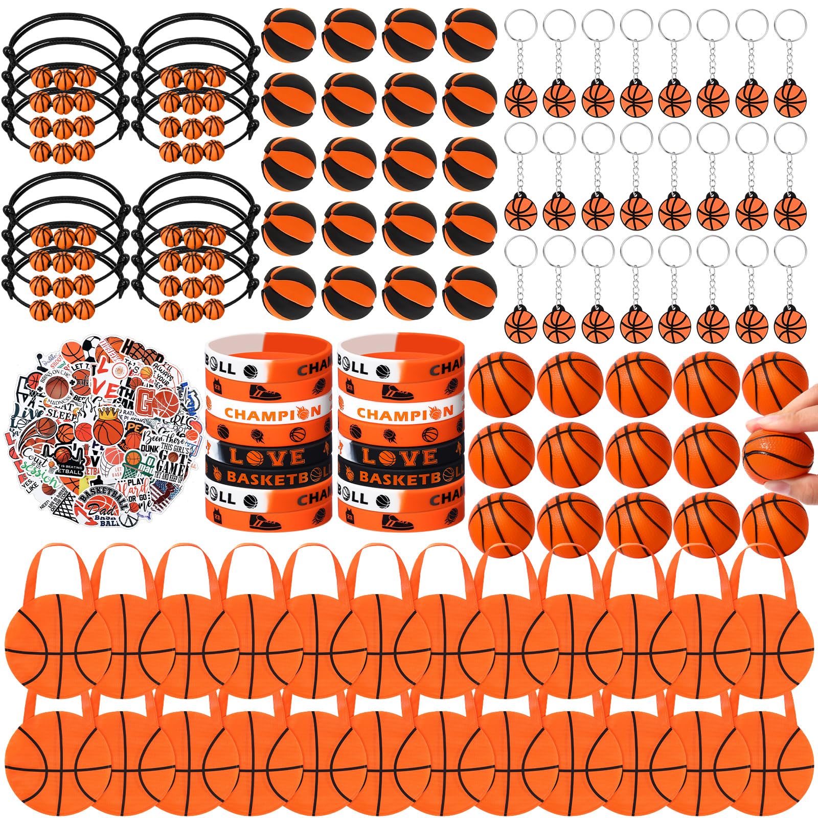Aoriher 194 Pcs Baseball Party Favors Set Soccer Basketball Football Silicone Bracelets Charm Bracelets Mini Bouncy Balls Toy Keychains Non Woven Gift Bags Sticker Eraser for Party(Basketball)
