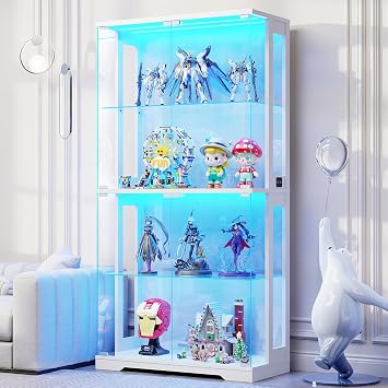 BROTTAR Display Cabinet with Glass Doors, 4-Tier Curio Cabinet with Transparent Full-Display Surface, 65" Glass Display Case with 3 Color Lights for Collectibles, Clear Case with Human Sensor White