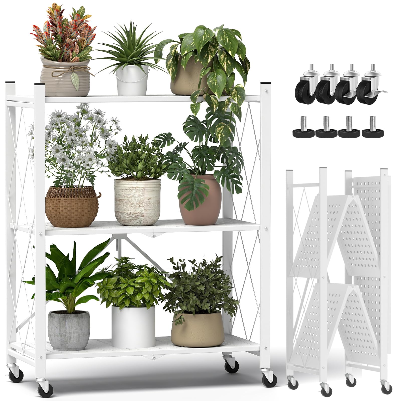 ALANNG Blumenständer mit Rädern, 3 Ablagen Stabiler Pflanzenständer | Metall Pflanzenregal Indoor Einfach/Klappbar, Weiß