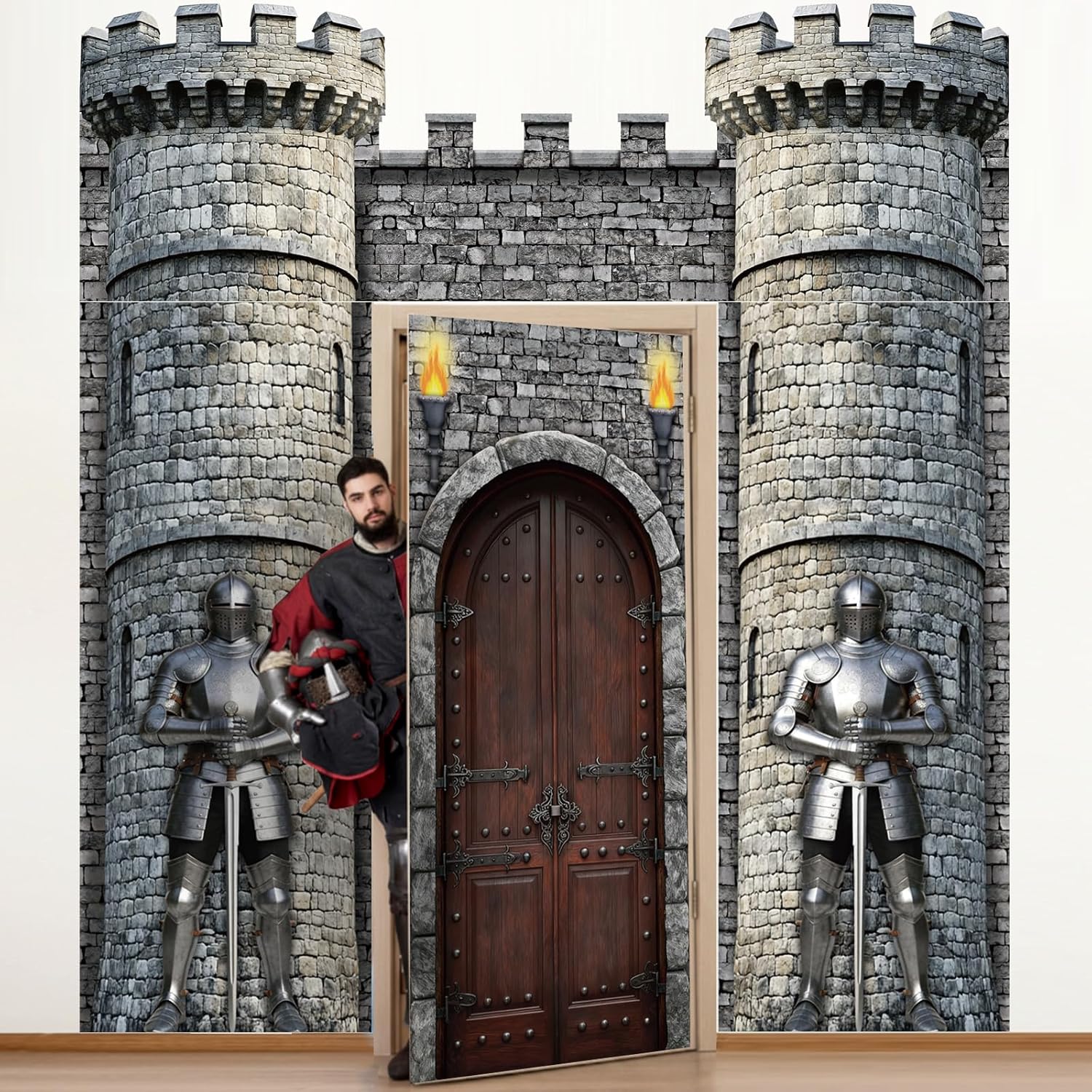 WovWeave 4 Pcs Medieval Door Decorations Set Knight Castle Door Covers Stone Tower Castle Hanging Banners for Medieval Knight Theme Classroom Office Home Party Photography Photo Background Decoration