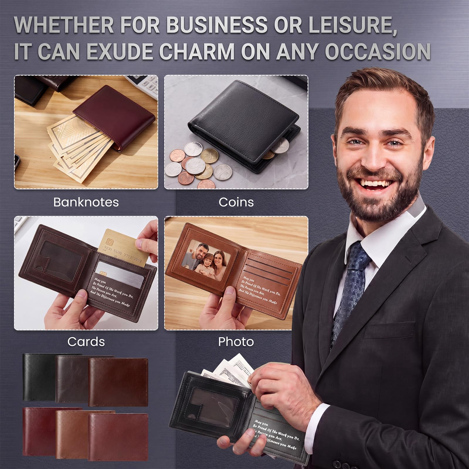 24 Pcs Fathers Day Bulk Gifts Wallet for Men, Bifold Leather Engraved Wallet for Husband Son Dad Coworkers Employees (Multicolor)