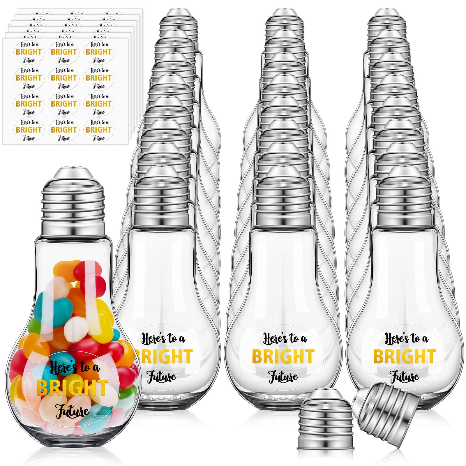 Weysat 144 Pcs/72 Sets Graduation Plastic Light Bulb Jars Set Light Bulb Candy Containers Bulk with Lids and Graduation Stickers Clear Candy Jars Fillable Light Bulb Ornaments for Crafts Grad Party