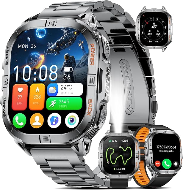 Montre militaire intelligente pour les hommes, construit-in GPS/LED Flashlight/Compass/600mAh Batterie,2.13" AMOLED Smartwatch sport robuste avec 120+ Modes sportifs,3ATM Fitness Tracker imperméable pour iOS Android, Noir