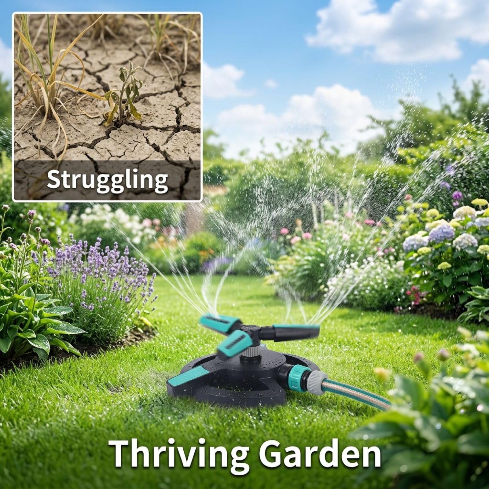 360° drehbarer Rasensprenger für den Garten, automatisch rotierender Gartensprenger mit verstellbaren Düsen, Sprühradius 2 bis 10 m, wasserbetrieben für große Flächen, 8,2 x 7,6 x 3,7 Zoll