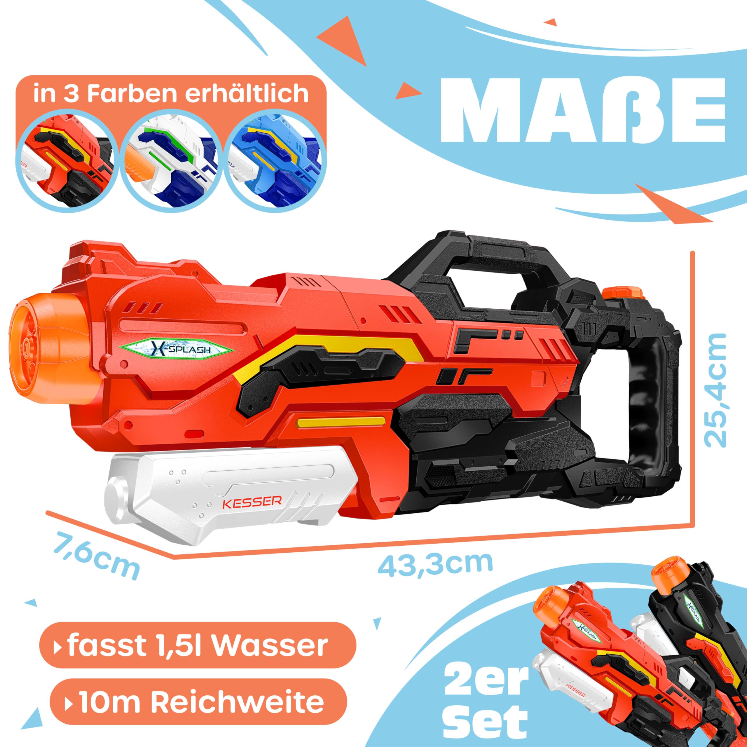 KESSER Wasserpistole 2er Set, Reichweite 10-11 Meter, 1500ml, Wasserspaß Strand Spielzeug