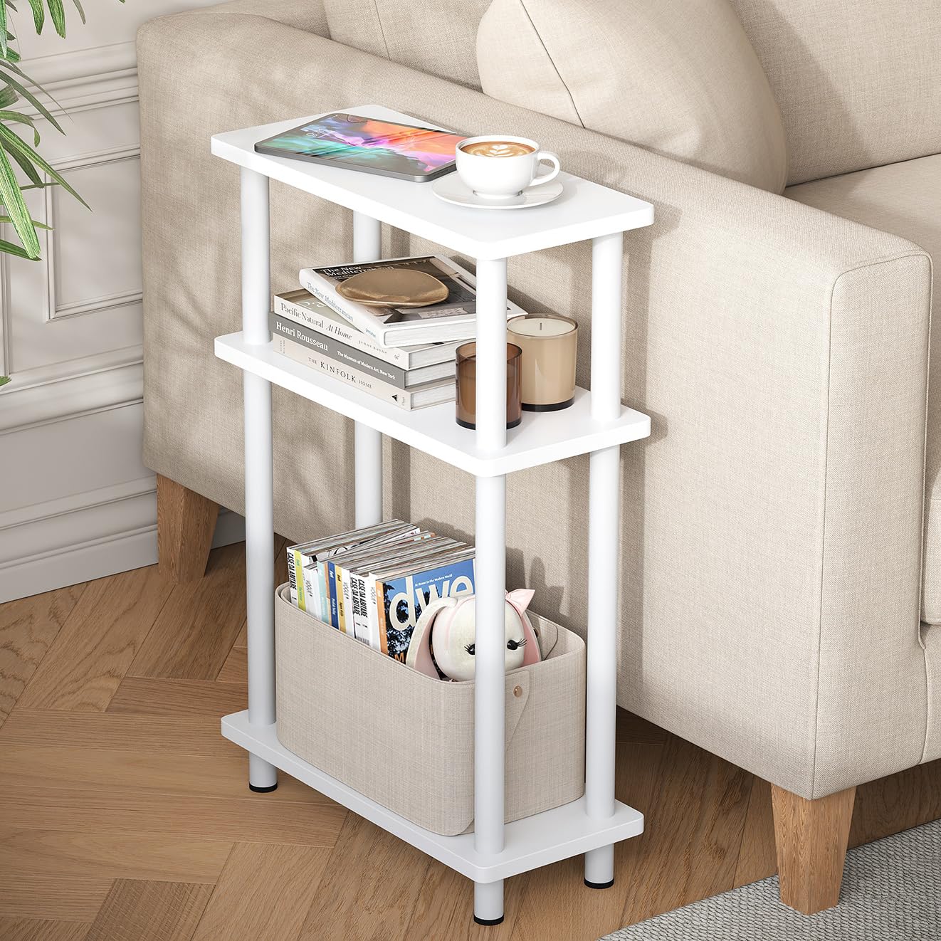 YOUDENOVA Mesa Auxiliar Sofa Estrecha, Mesa Auxiliar de 3 Niveles, Mesita Auxiliar Salon de Estar con Almacenamiento, Ideal para Sala de Estar, balcón, Dormitorio y Estudio, Blanco